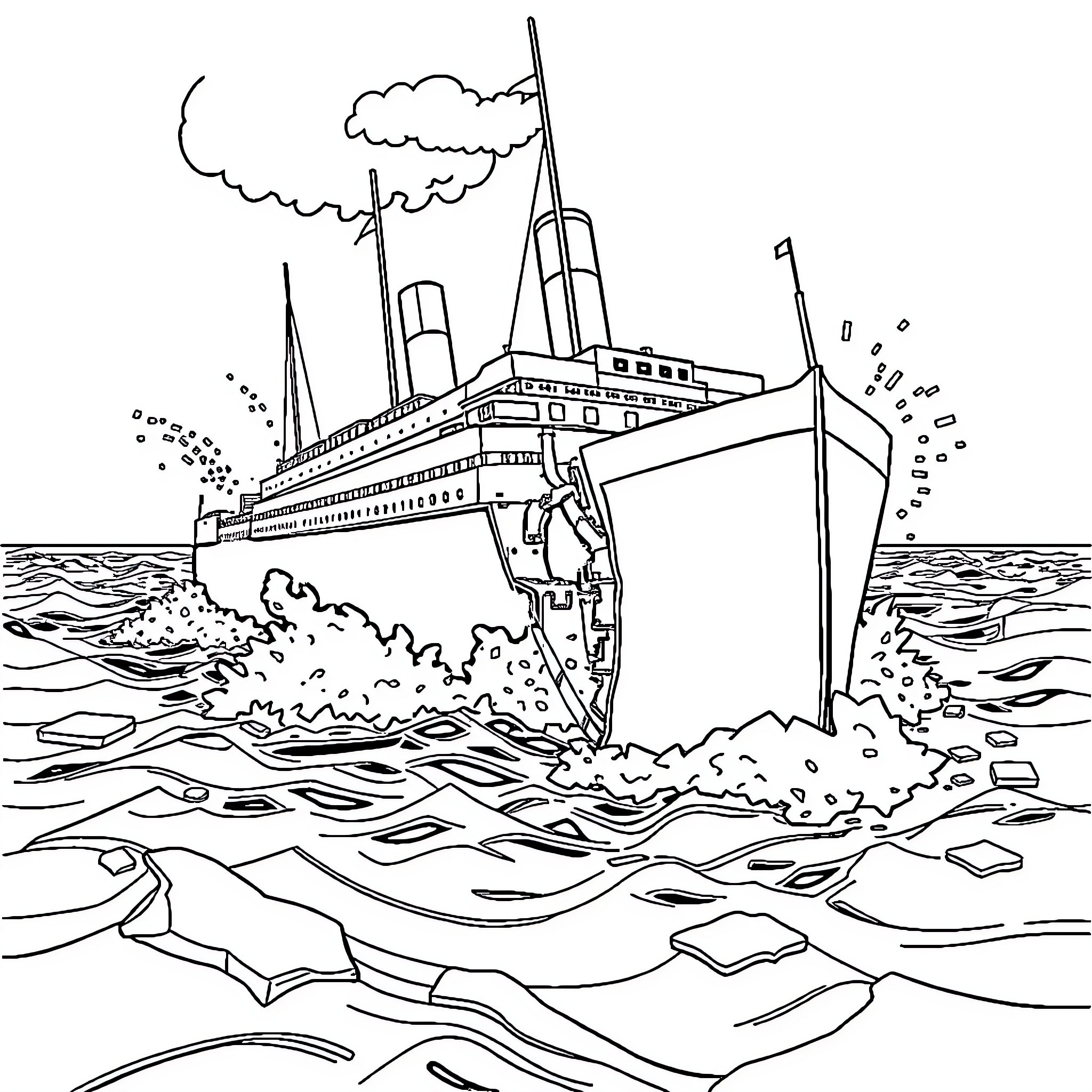 Titanic Sinking in Tumultuous Waves Coloring Page (free black-and-white line drawing printable PDF for all, from beginners to advanced learners, including children, teens, adults, and seniors)