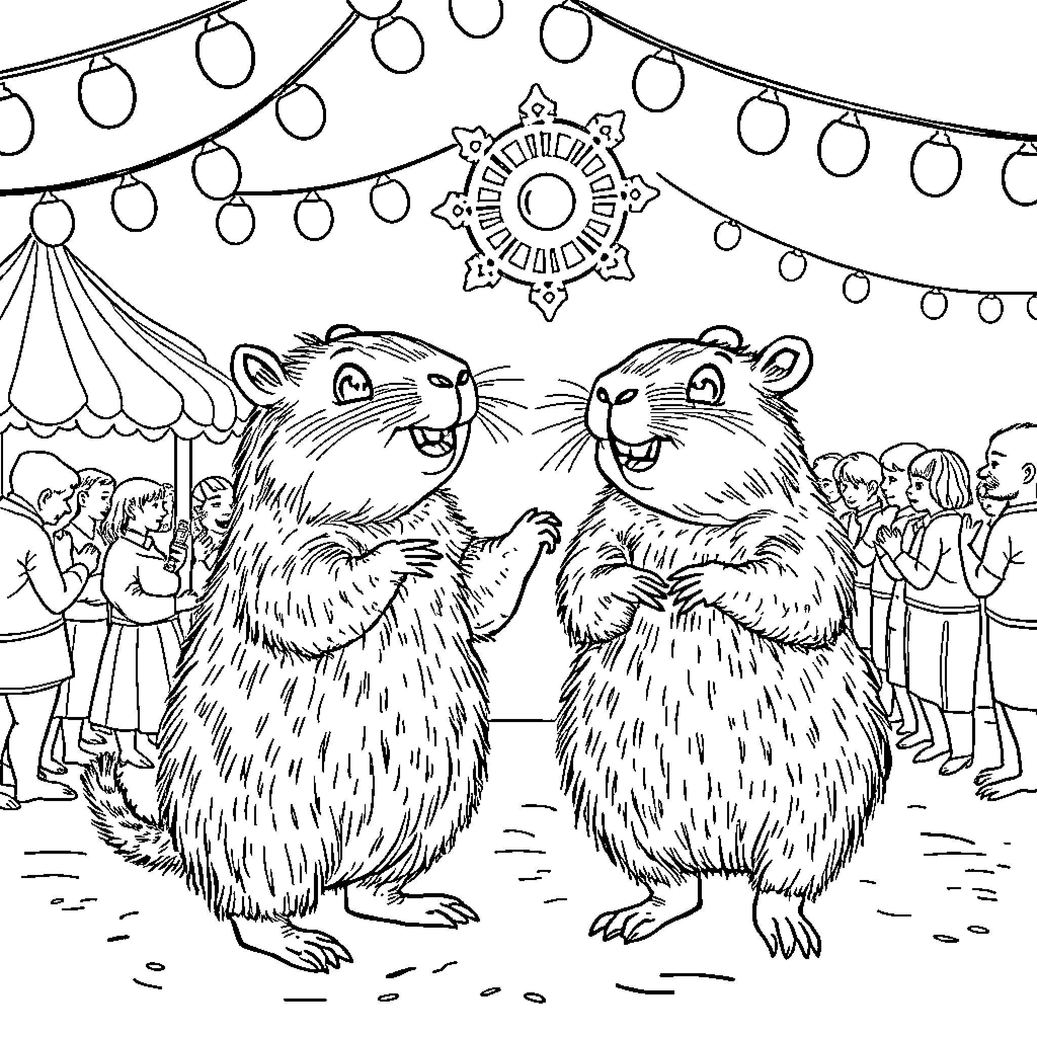 Capybara celebration in the carnival Coloring Page (free black-and-white line drawing printable PDF for all, from beginners to advanced learners, including children, teens, adults, and seniors)