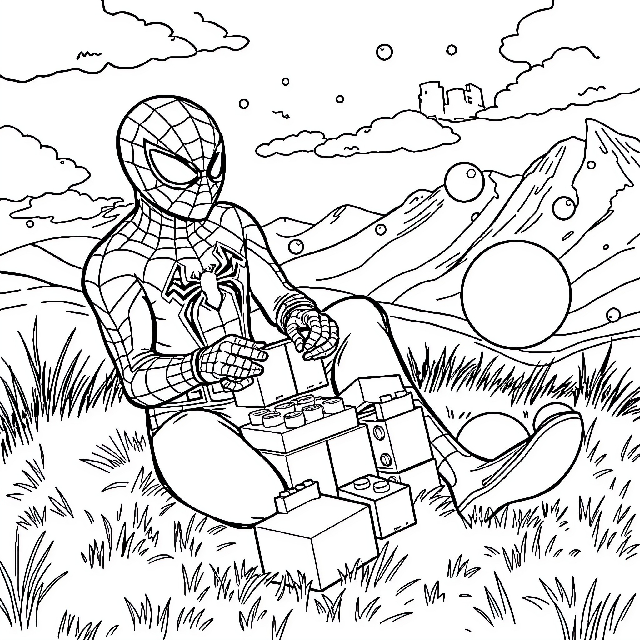 Spider-Man building with Legos in a mountainous landscape Coloring Page (free black-and-white line drawing printable PDF for all, from beginners to advanced learners, including children, teens, adults, and seniors)