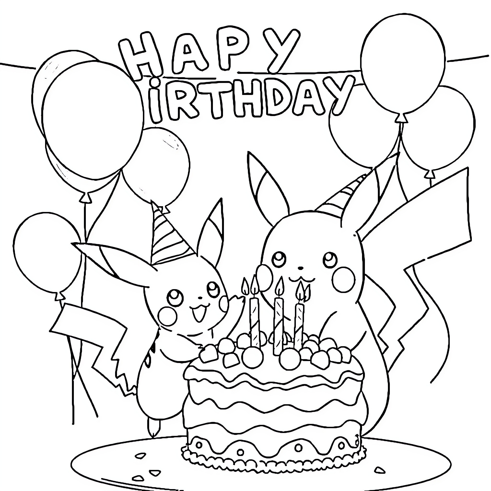Pichu and Pikachu celebrate birthday with cake and balloons Coloring Page (free black-and-white line drawing printable PDF for all, from beginners to advanced learners, including children, teens, adults, and seniors)