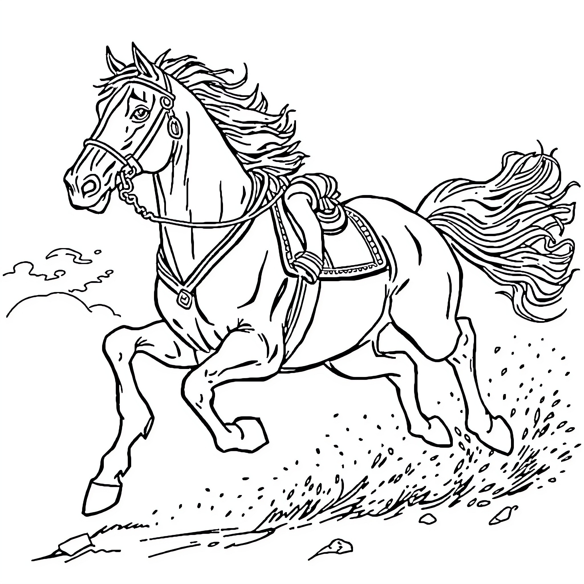 Horse galloping with decorated saddle Coloring Page (free black-and-white line drawing printable PDF for all, from beginners to advanced learners, including children, teens, adults, and seniors)
