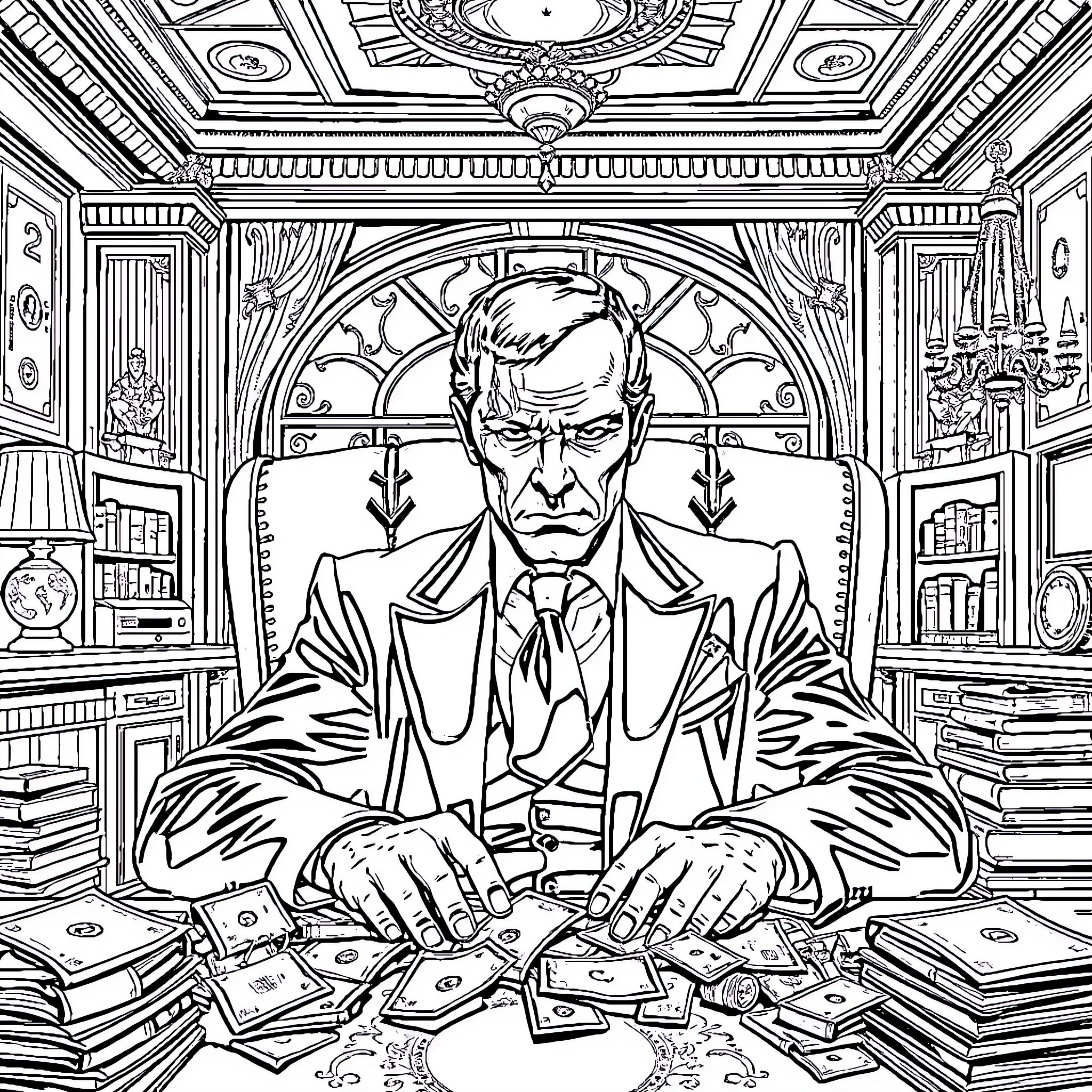 Scarface in an Opulent Office with Stacks of Cash Coloring Page (free black-and-white line drawing printable PDF for all, from beginners to advanced learners, including children, teens, adults, and seniors)