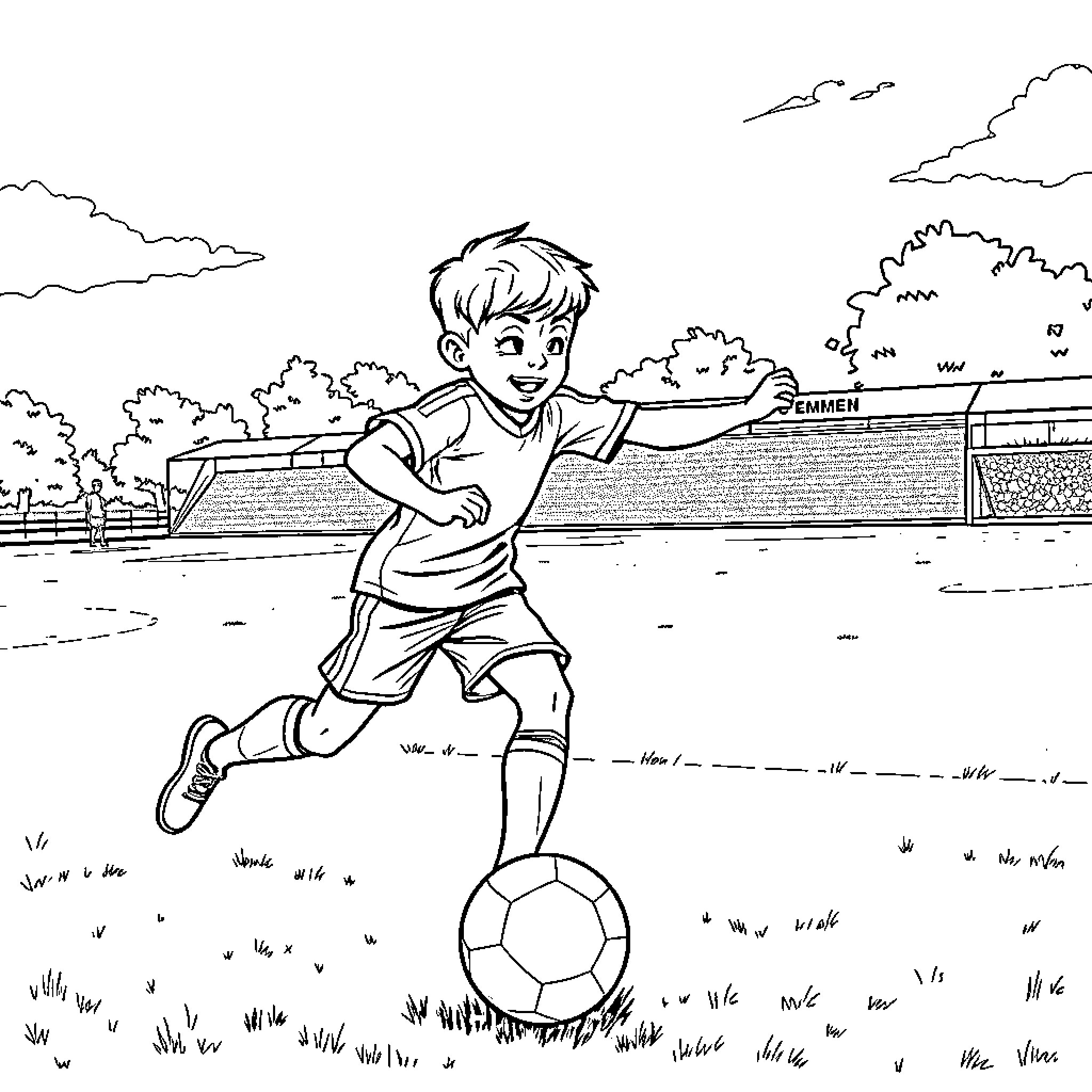 Boy playing soccer on a grassy field Coloring Page (free black-and-white line drawing printable PDF for all, from beginners to advanced learners, including children, teens, adults, and seniors)
