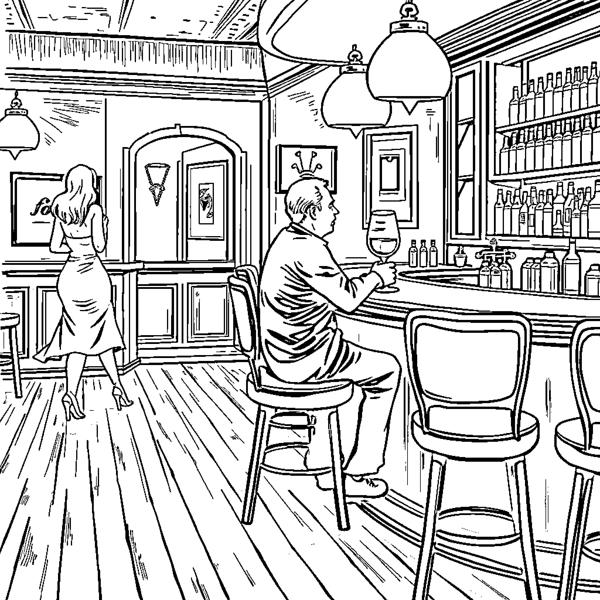 Man sitting alone at the bar in a dimly lit pub Coloring Page (free black-and-white line drawing printable PDF for all, from beginners to advanced learners, including children, teens, adults, and seniors)