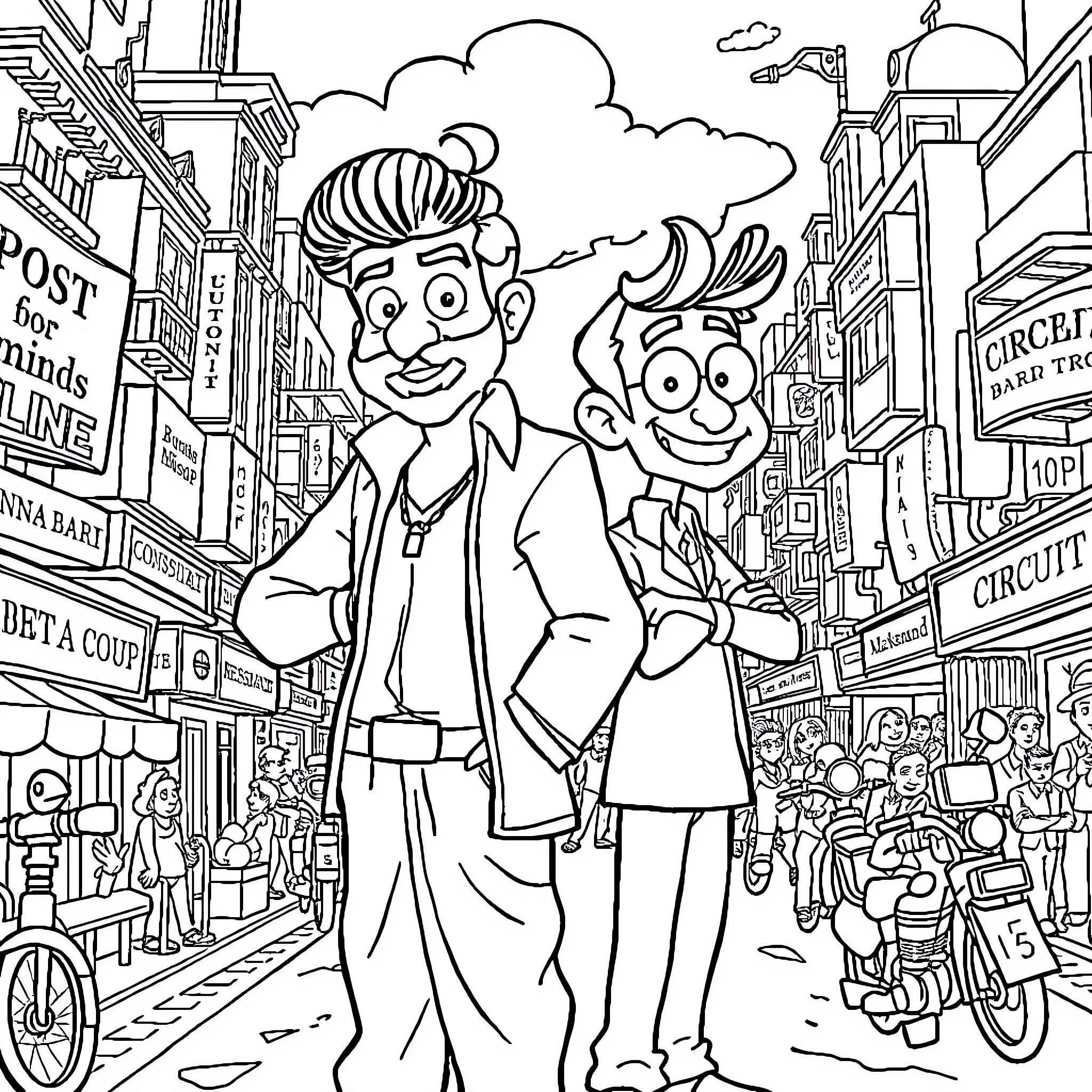 Munna Bhai's Lively Adventure in the City Coloring Page (free black-and-white line drawing printable PDF for all, from beginners to advanced learners, including children, teens, adults, and seniors)