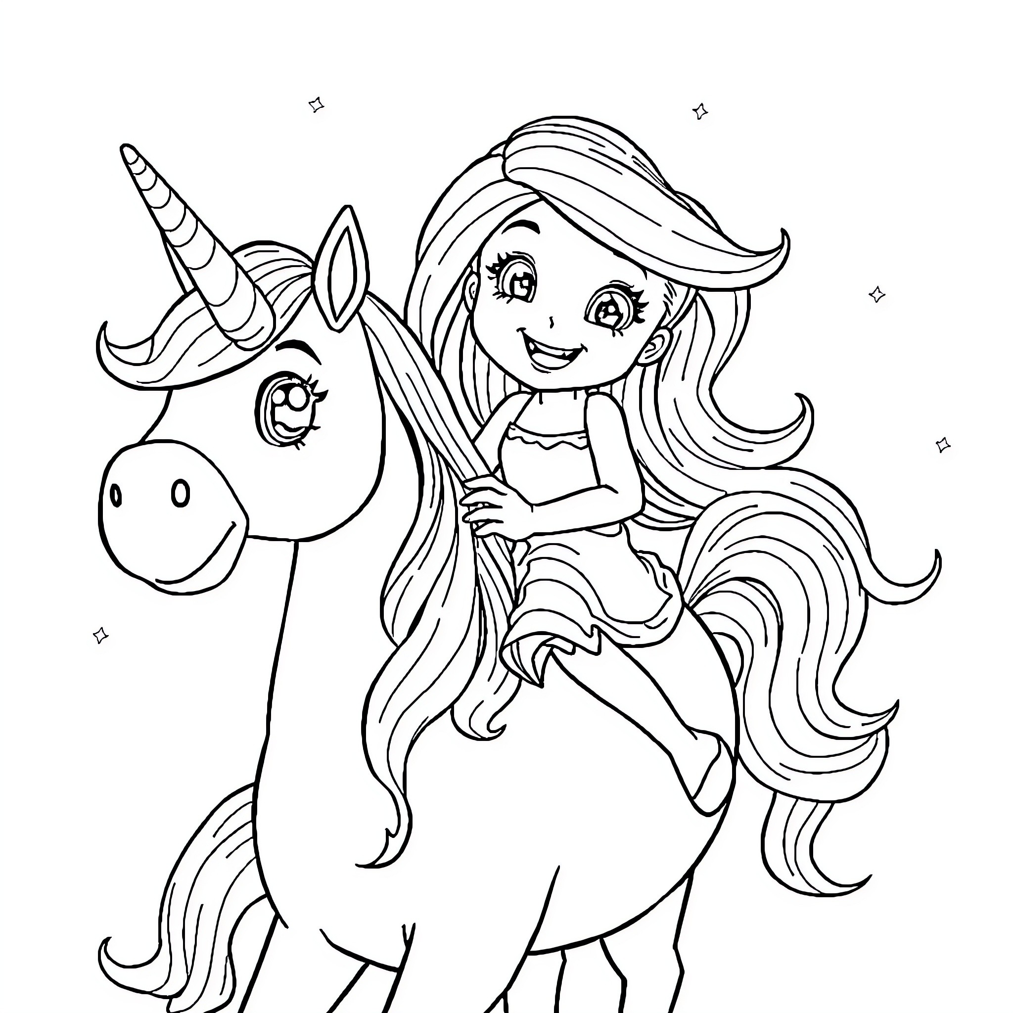 Gabby riding a magical unicorn Coloring Page (free black-and-white line drawing printable PDF for all, from beginners to advanced learners, including children, teens, adults, and seniors)