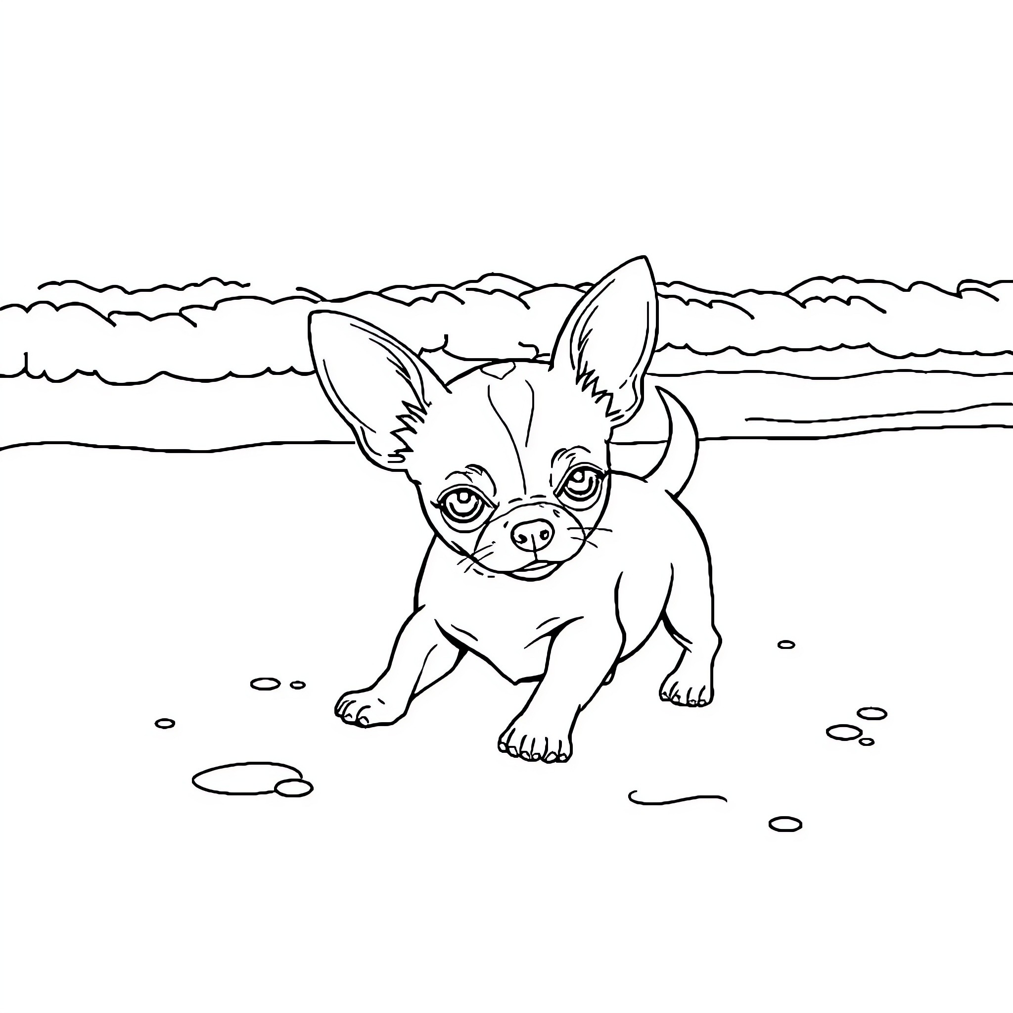 Chihuahua exploring the beach Coloring Page (free black-and-white line drawing printable PDF for all, from beginners to advanced learners, including children, teens, adults, and seniors)