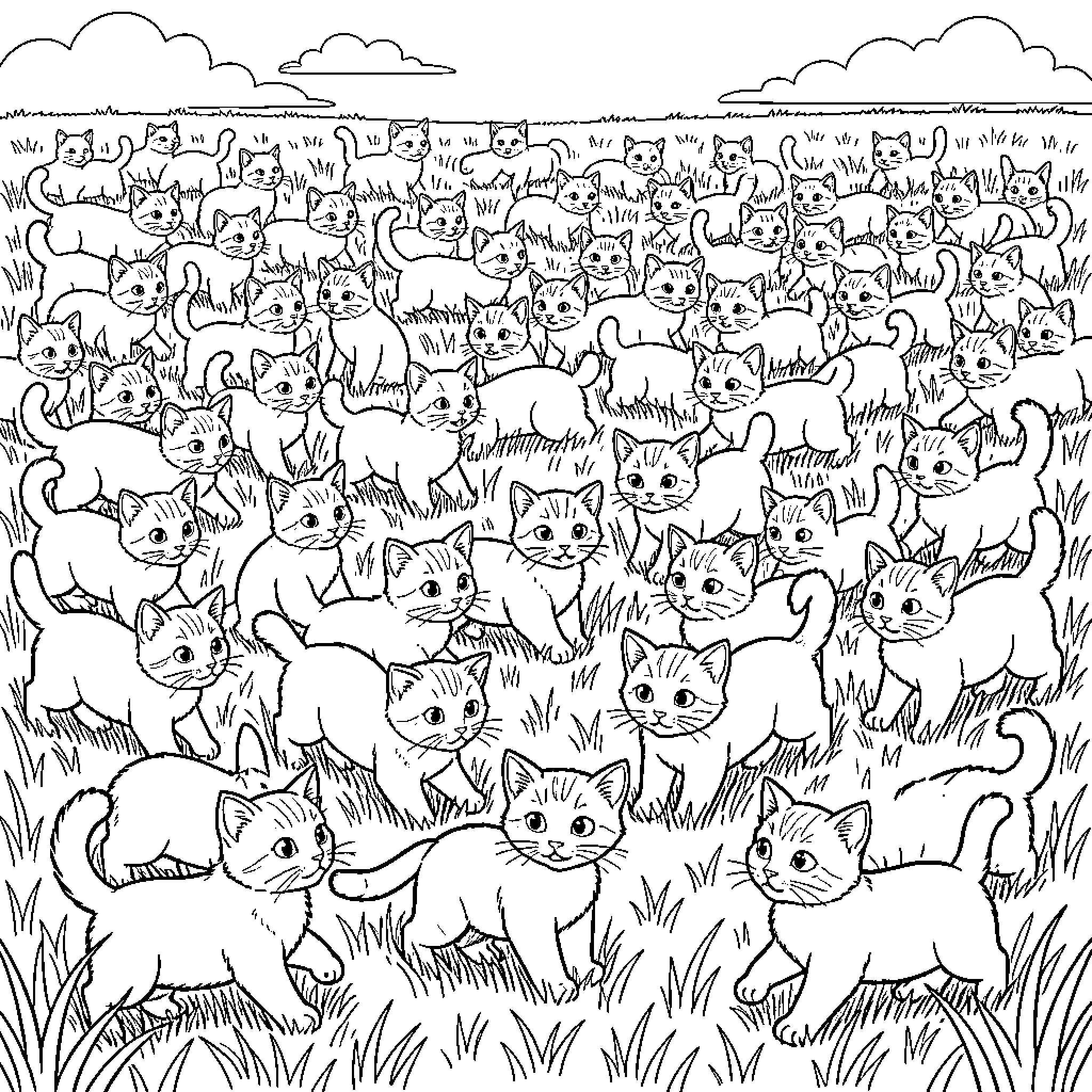 Kitten group playing together in a grassy field Coloring Page (free black-and-white line drawing printable PDF for all, from beginners to advanced learners, including children, teens, adults, and seniors)