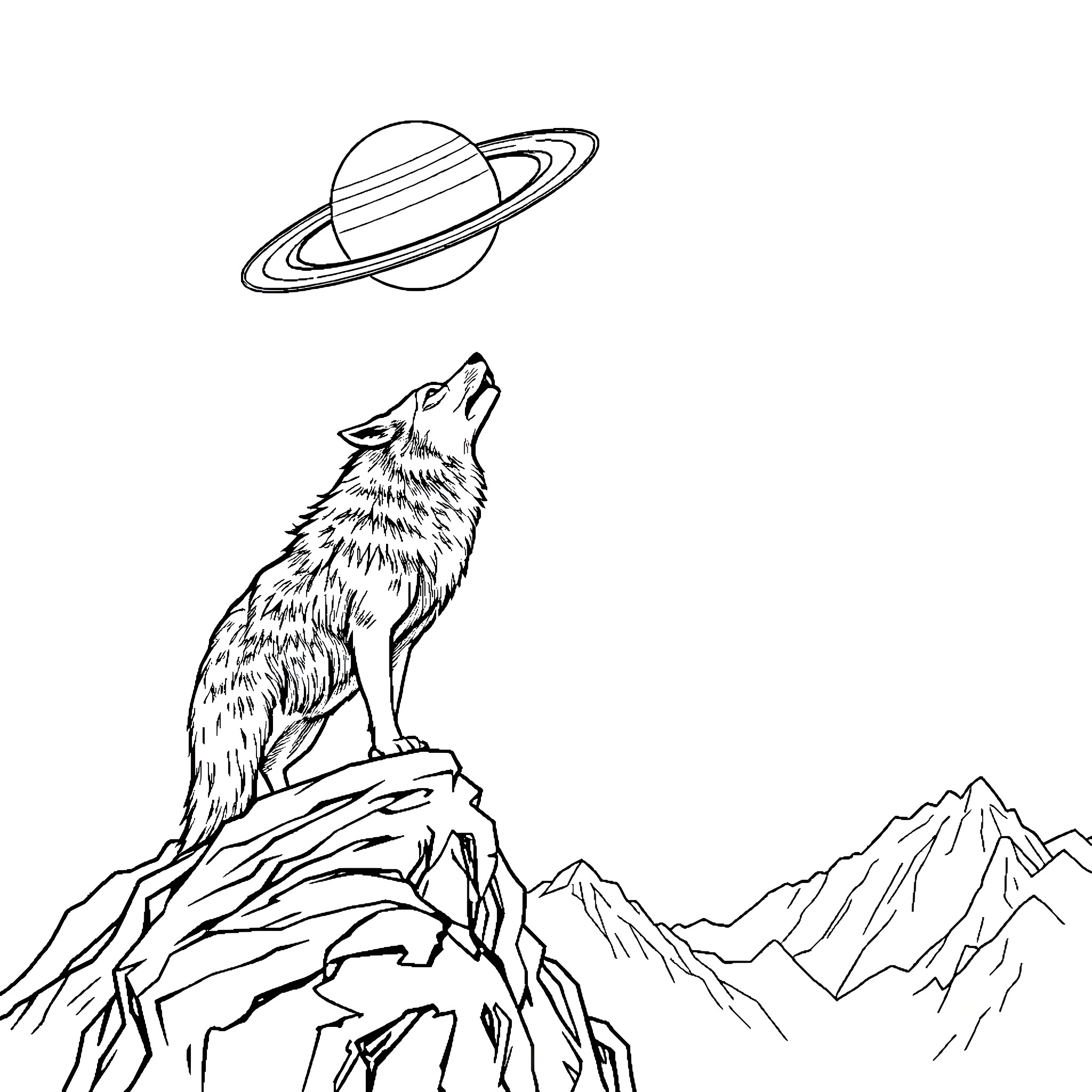 Wolf howling at the ringed planet in the mountains Coloring Page (free black-and-white line drawing printable PDF for all, from beginners to advanced learners, including children, teens, adults, and seniors)