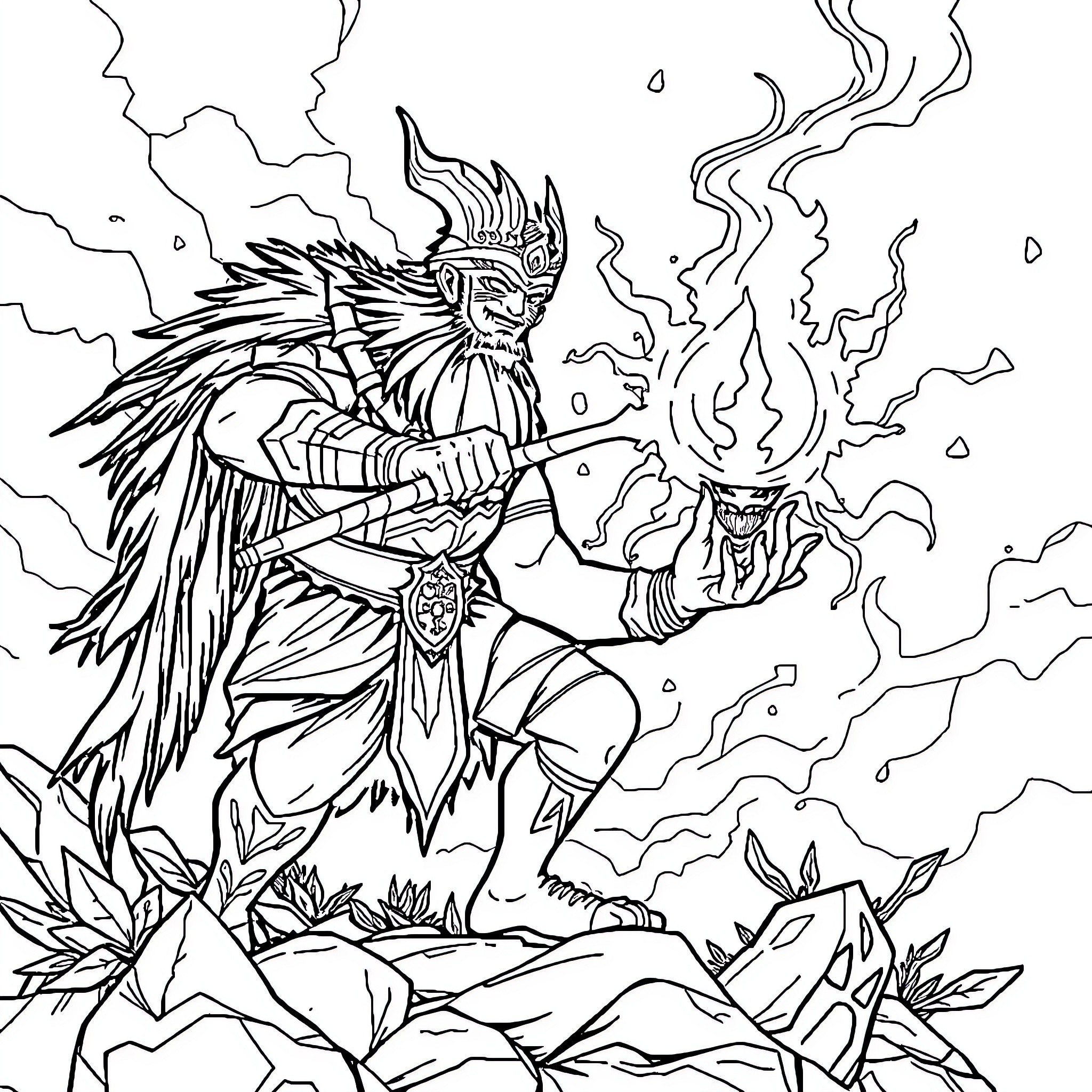 Orang warrior wielding magical staff in battle Coloring Page (free black-and-white line drawing printable PDF for all, from beginners to advanced learners, including children, teens, adults, and seniors)