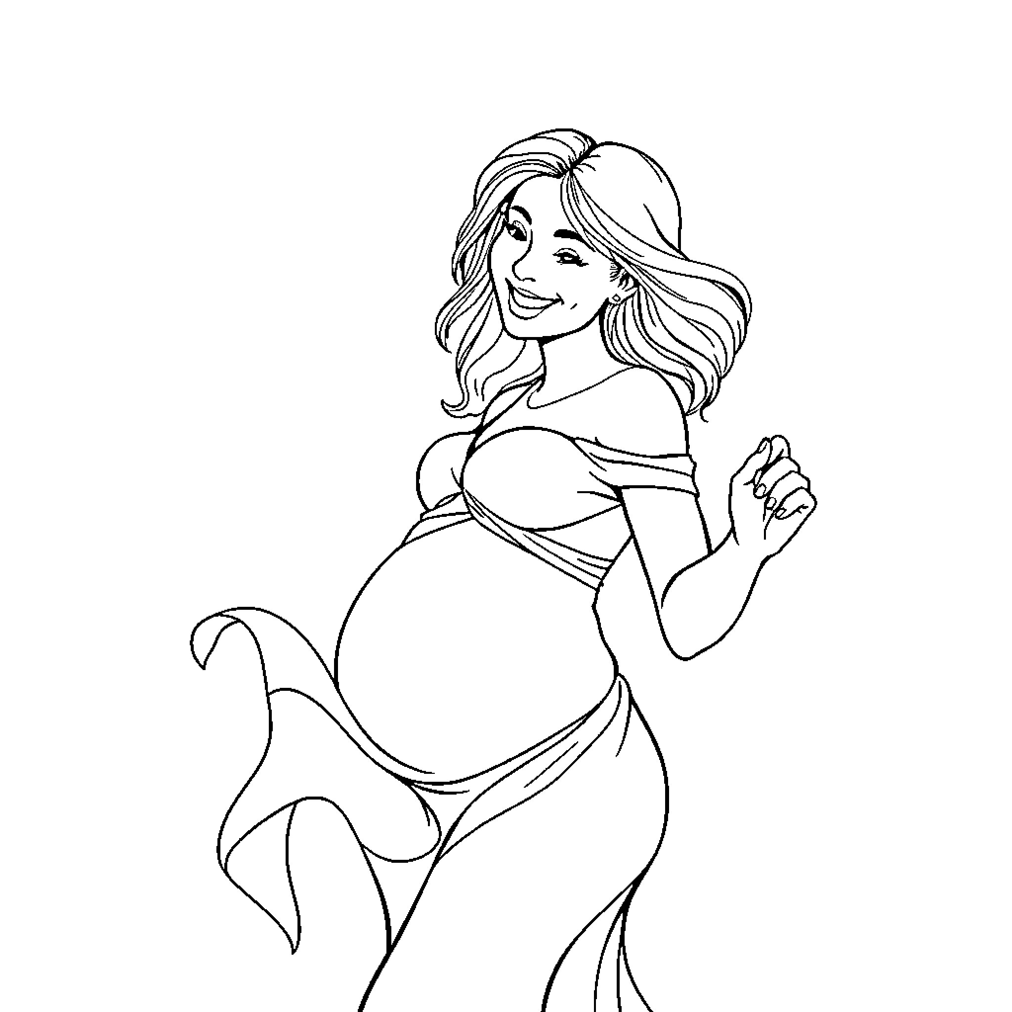 Wife joyfully embracing her pregnancy Coloring Page (free black-and-white line drawing printable PDF for all, from beginners to advanced learners, including children, teens, adults, and seniors)