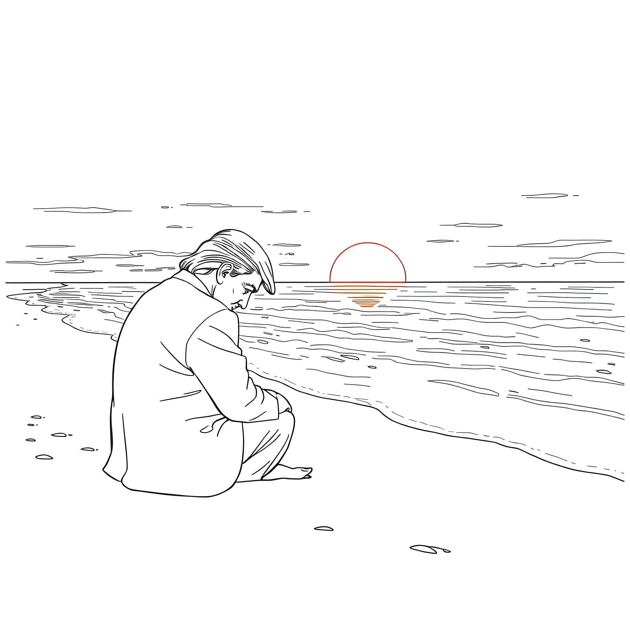 Trump in pensive contemplation on the beach at sunset Coloring Page (free black-and-white line drawing printable PDF for all, from beginners to advanced learners, including children, teens, adults, and seniors)