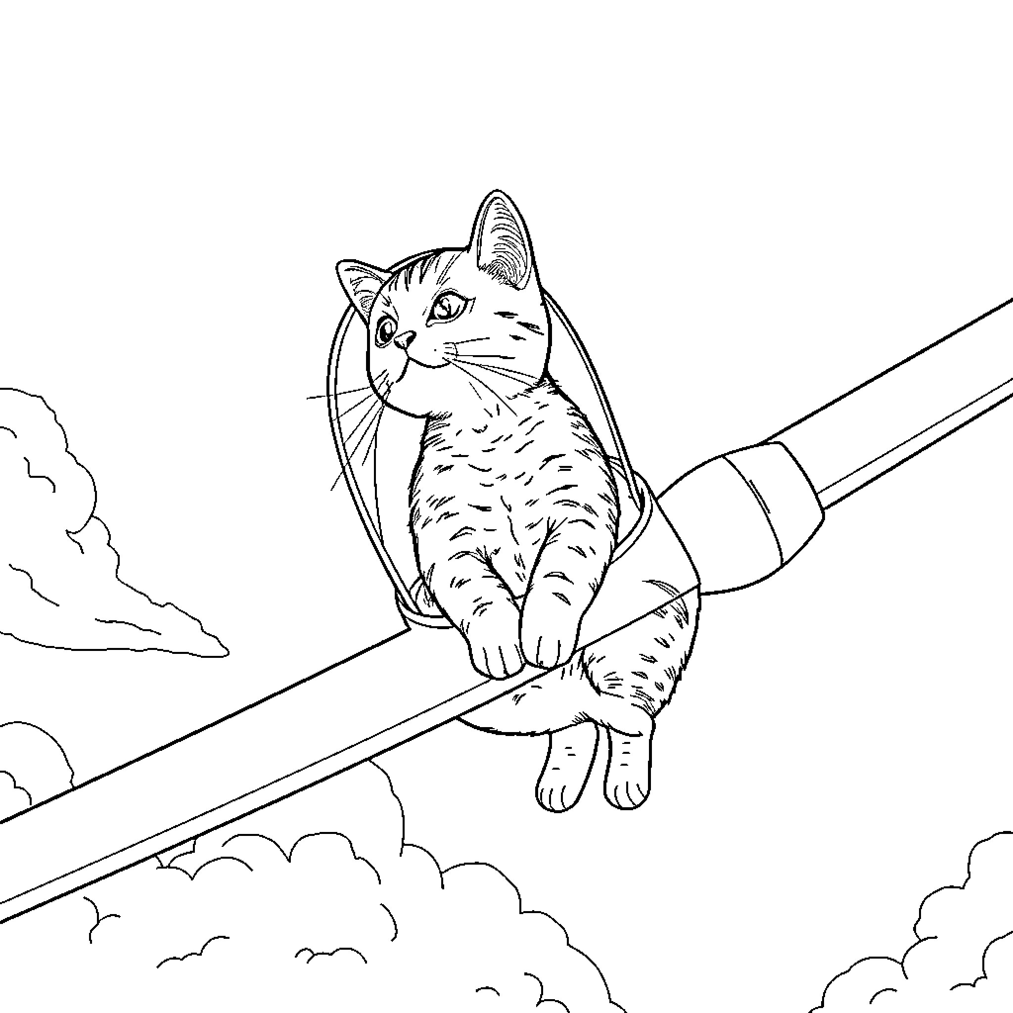 Kat exploring the clouds on a wire Coloring Page (free black-and-white line drawing printable PDF for all, from beginners to advanced learners, including children, teens, adults, and seniors)