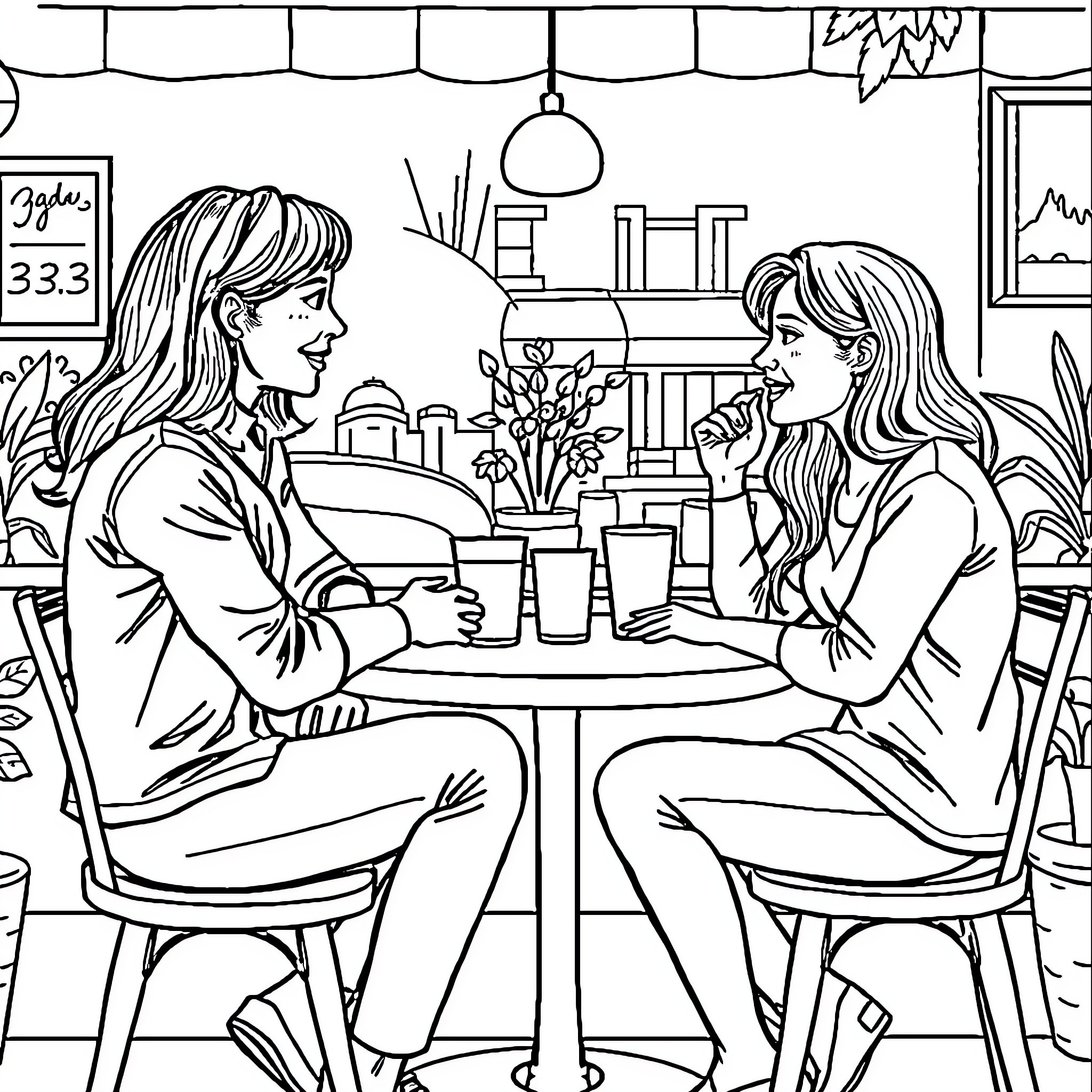 Cat friends enjoying coffee together in cozy cafe Coloring Page (free black-and-white line drawing printable PDF for all, from beginners to advanced learners, including children, teens, adults, and seniors)
