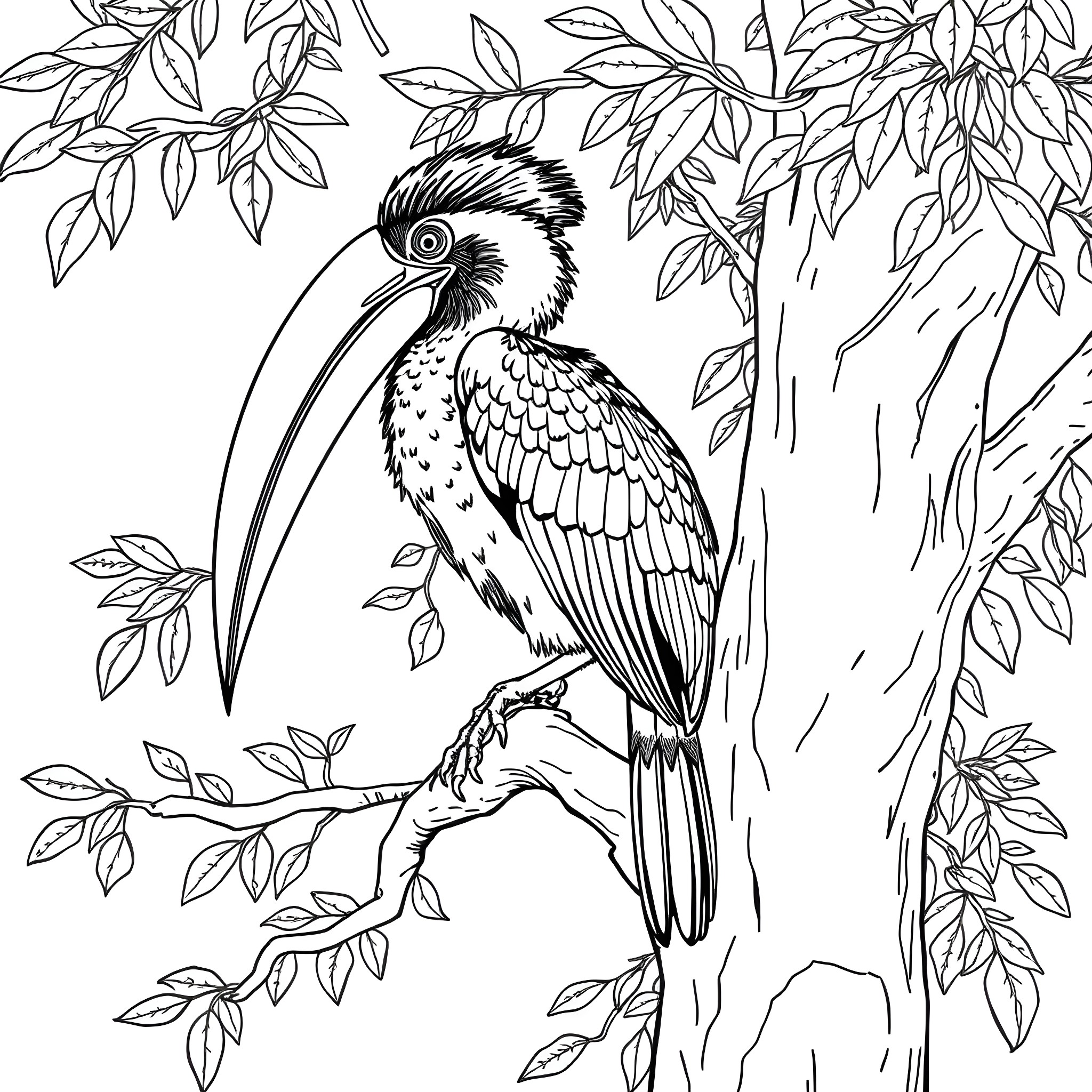 Hornbill perched on a tree branch Coloring Page (free black-and-white line drawing printable PDF for all, from beginners to advanced learners, including children, teens, adults, and seniors)