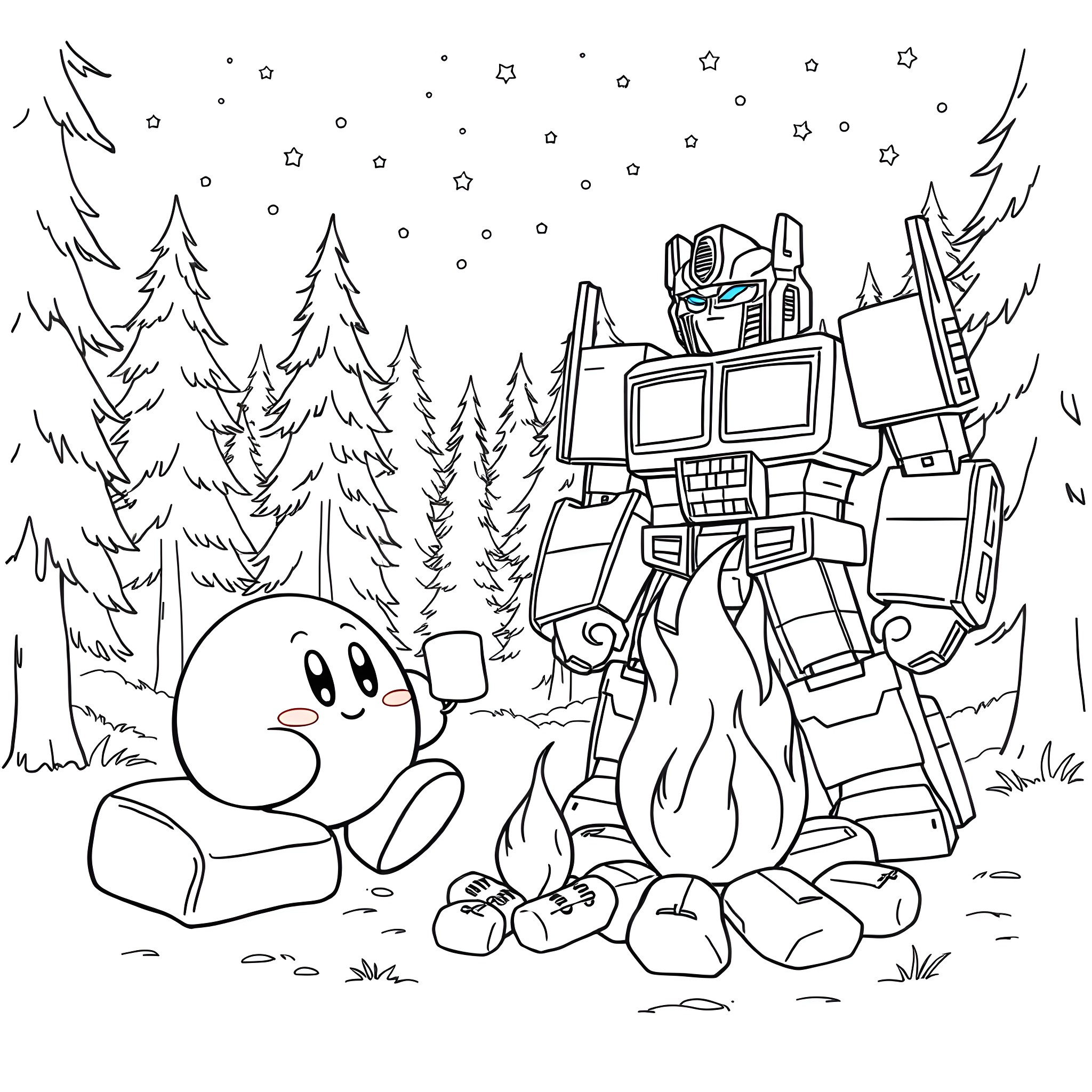 Kirby meets a curious Transformer in the snowy forest Coloring Page (free black-and-white line drawing printable PDF for all, from beginners to advanced learners, including children, teens, adults, and seniors)