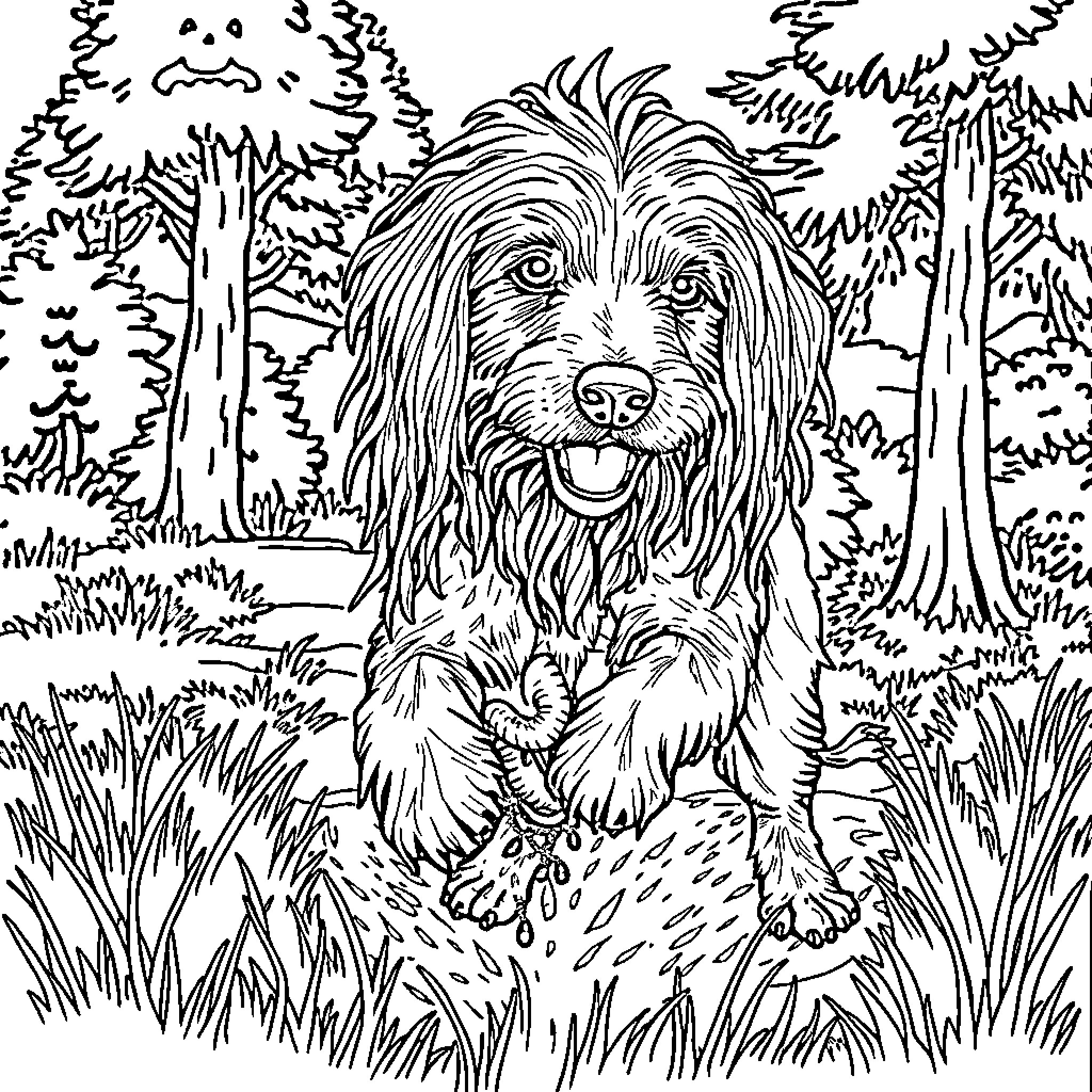 Perro en el parque con árboles y vegetación Coloring Page (free black-and-white line drawing printable PDF for all, from beginners to advanced learners, including children, teens, adults, and seniors)