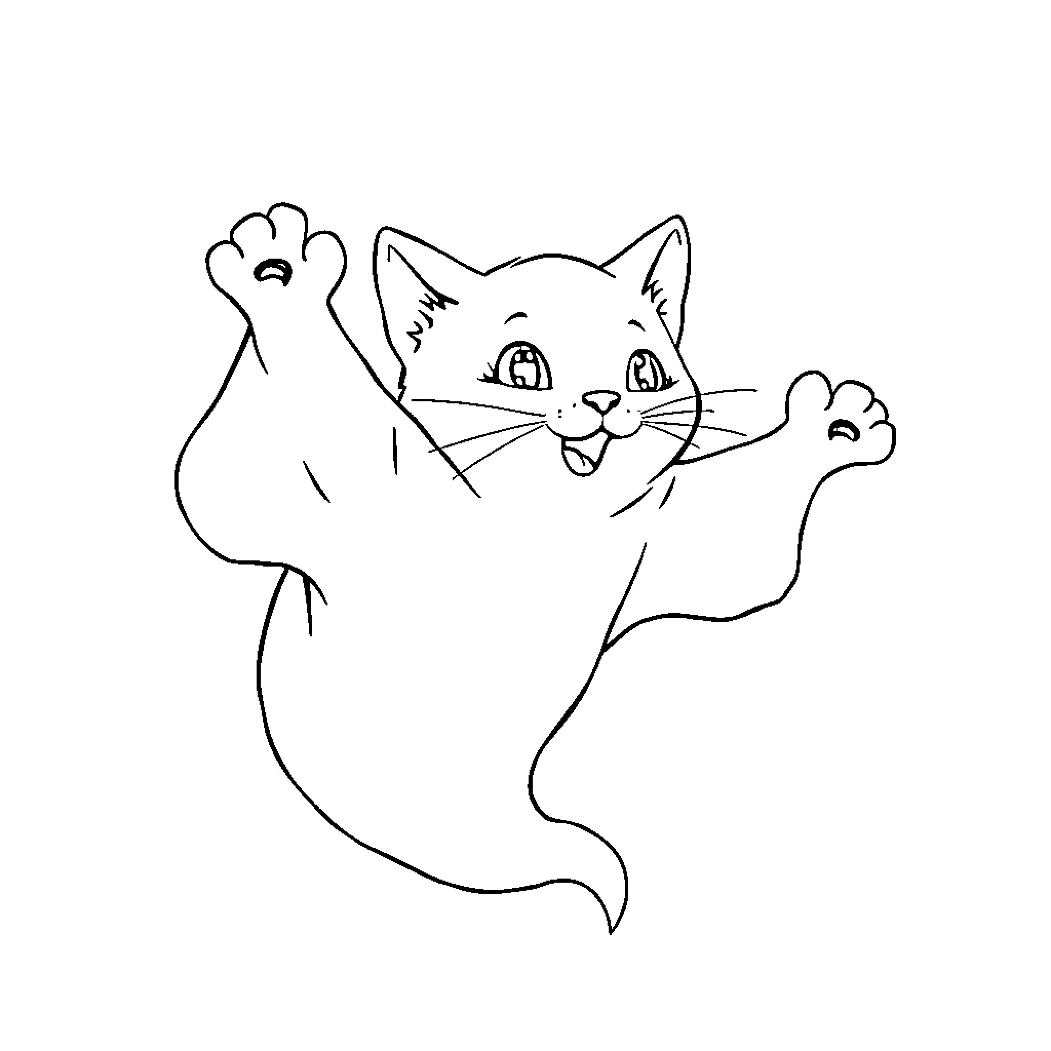 Cat Ghost Floating Playfully Coloring Page (free black-and-white line drawing printable PDF for all, from beginners to advanced learners, including children, teens, adults, and seniors)