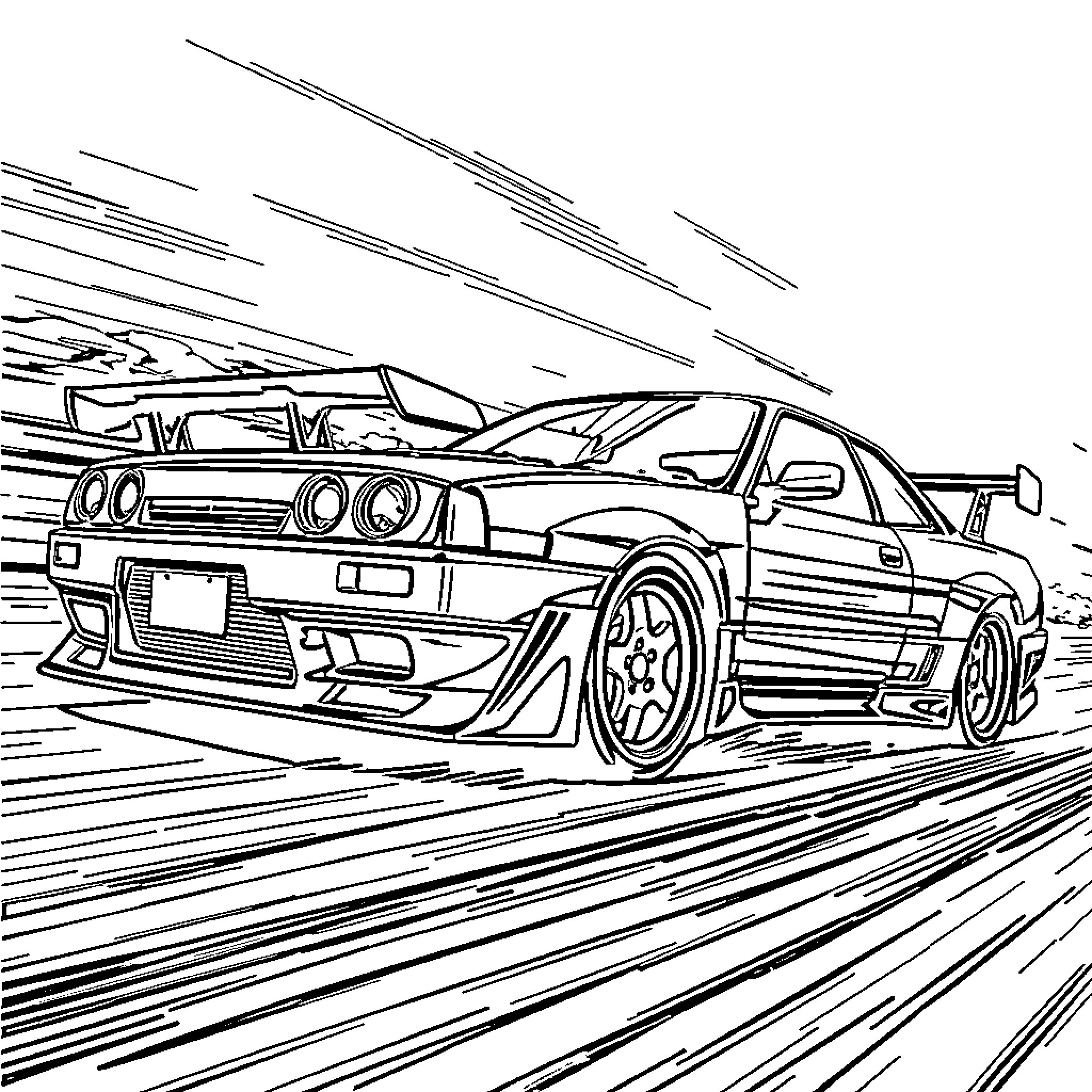 Nissan Skyline speeding through the streets Coloring Page (free black-and-white line drawing printable PDF for all, from beginners to advanced learners, including children, teens, adults, and seniors)