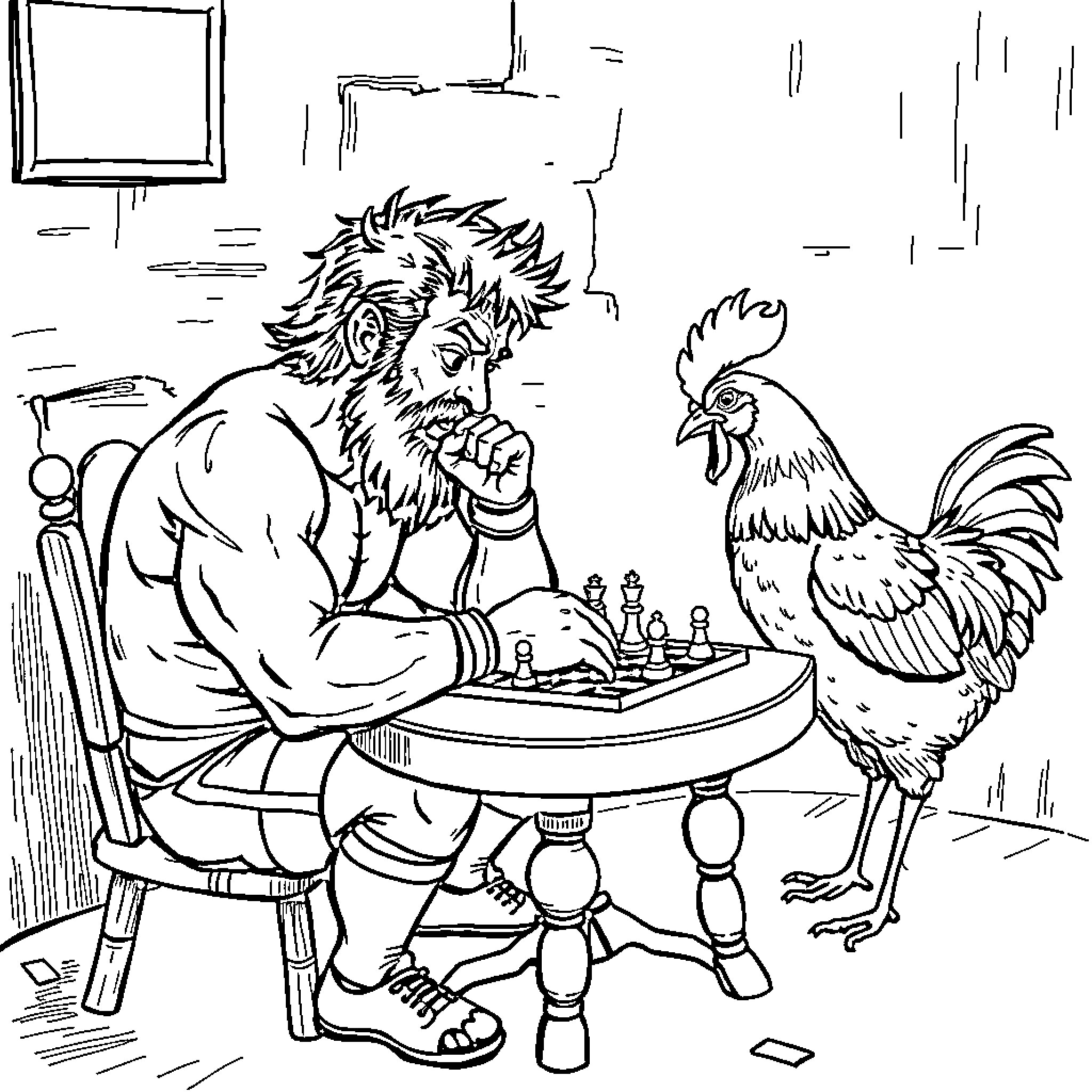 Wrestler playing chess with a rooster in a rustic setting Coloring Page (free black-and-white line drawing printable PDF for all, from beginners to advanced learners, including children, teens, adults, and seniors)