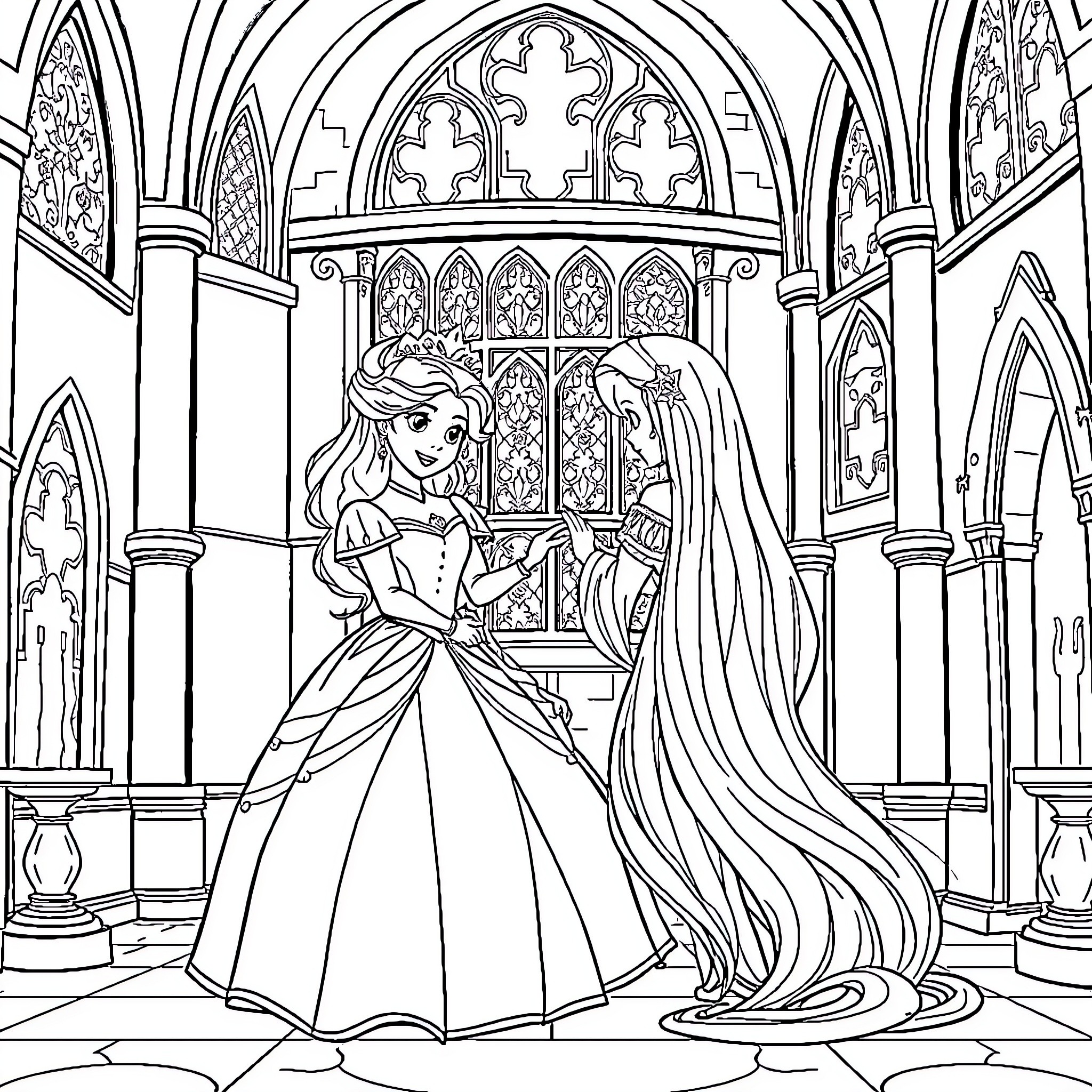 Sofia in a royal castle with a magical companion Coloring Page (free black-and-white line drawing printable PDF for all, from beginners to advanced learners, including children, teens, adults, and seniors)