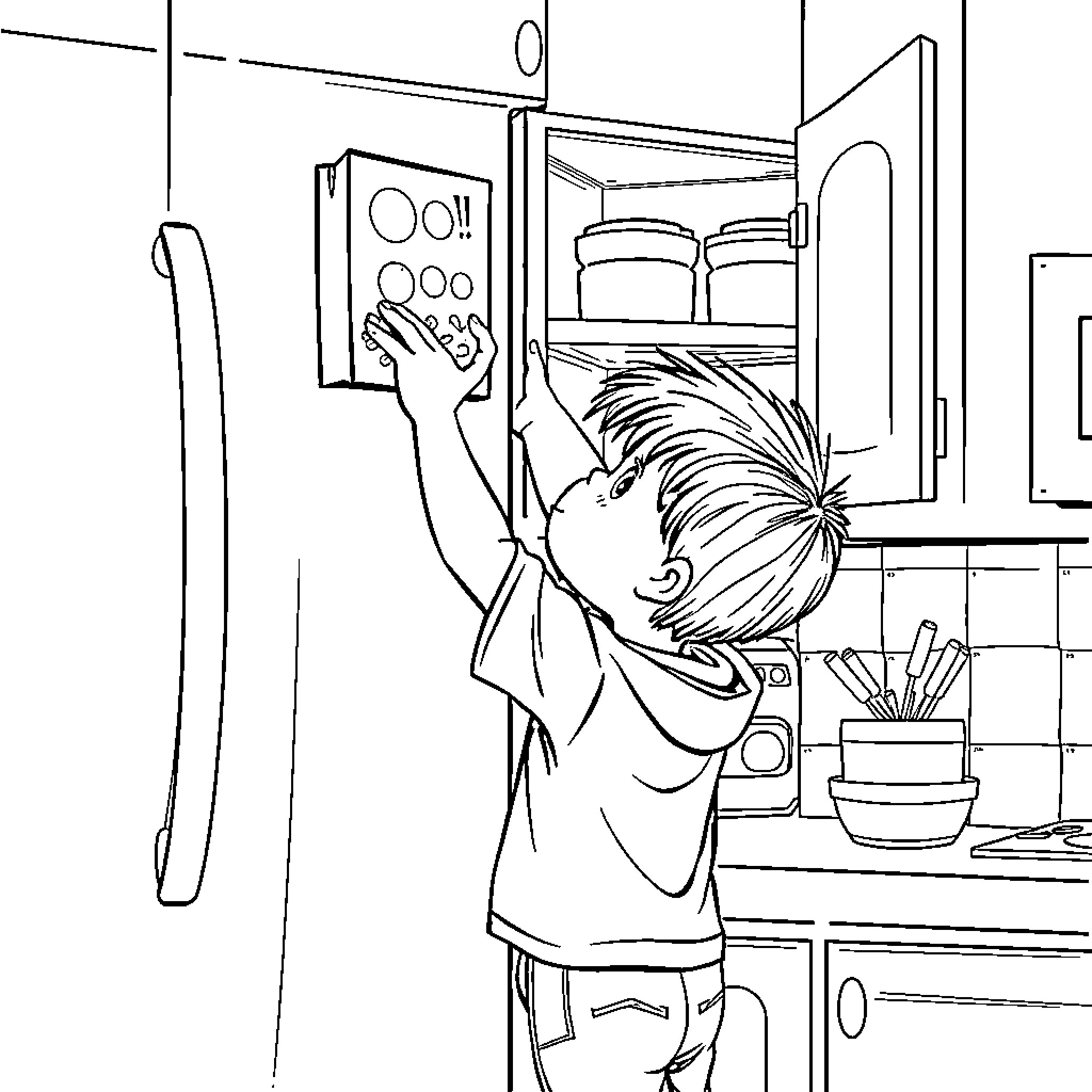 Boy exploring kitchen appliances curiously Coloring Page (free black-and-white line drawing printable PDF for all, from beginners to advanced learners, including children, teens, adults, and seniors)