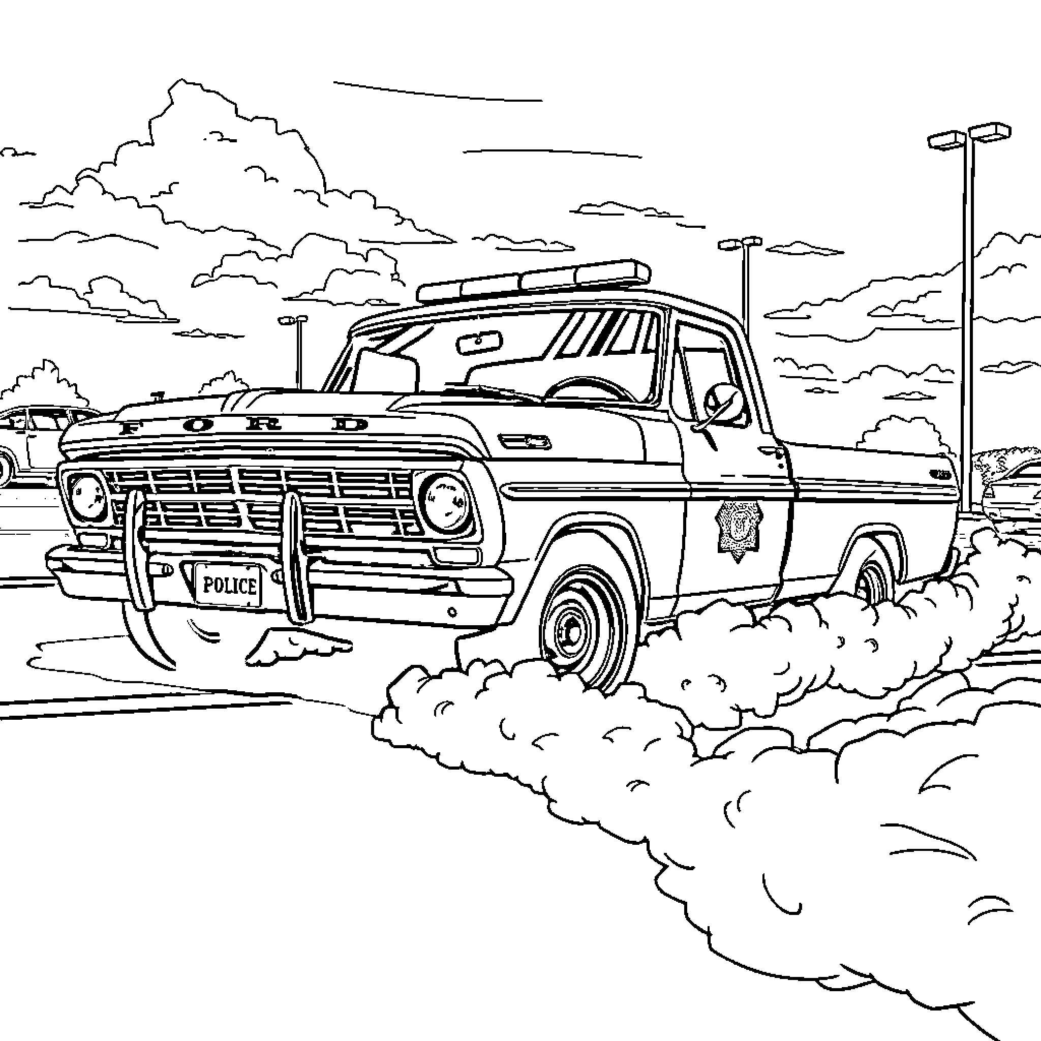 Ford F-100 Police Truck Patrolling the Streets Coloring Page (free black-and-white line drawing printable PDF for all, from beginners to advanced learners, including children, teens, adults, and seniors)