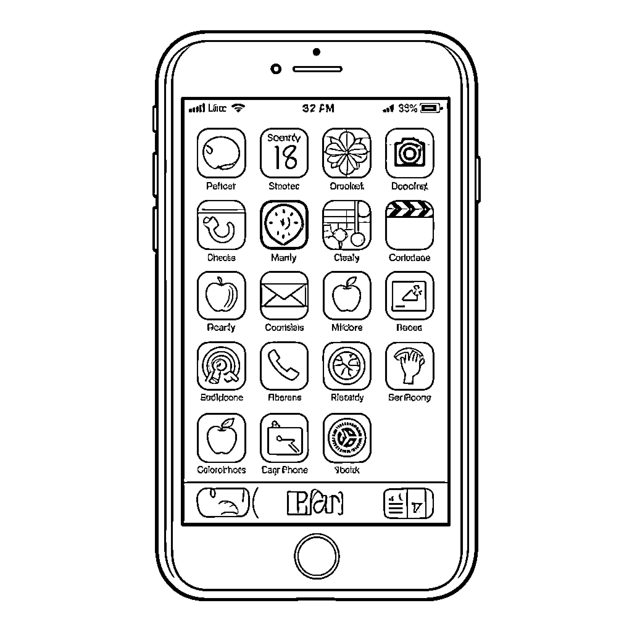 Pear Phone displaying various creative application icons Coloring Page (free black-and-white line drawing printable PDF for all, from beginners to advanced learners, including children, teens, adults, and seniors)