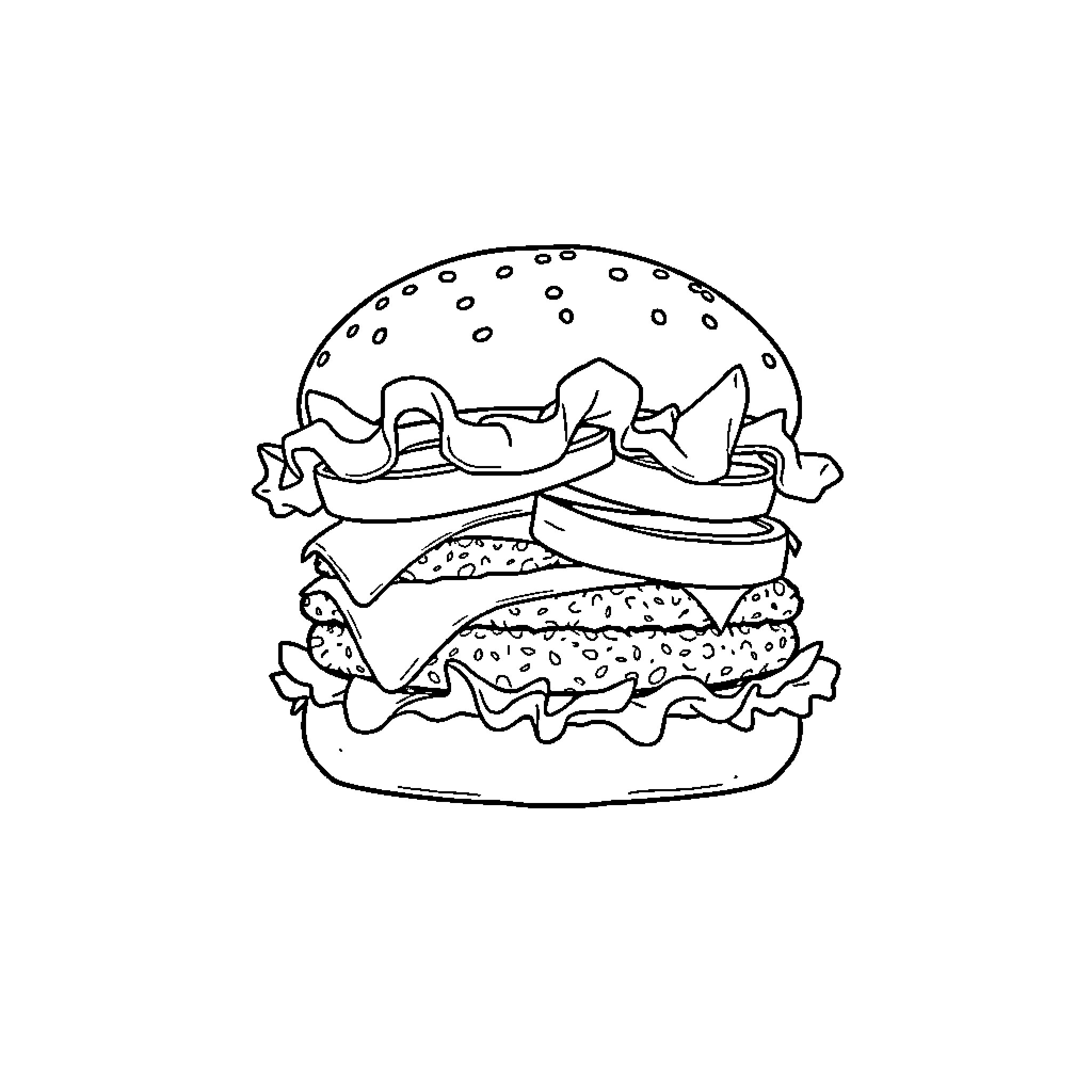Hamburger with playful cartoon characters Coloring Page (free black-and-white line drawing printable PDF for all, from beginners to advanced learners, including children, teens, adults, and seniors)