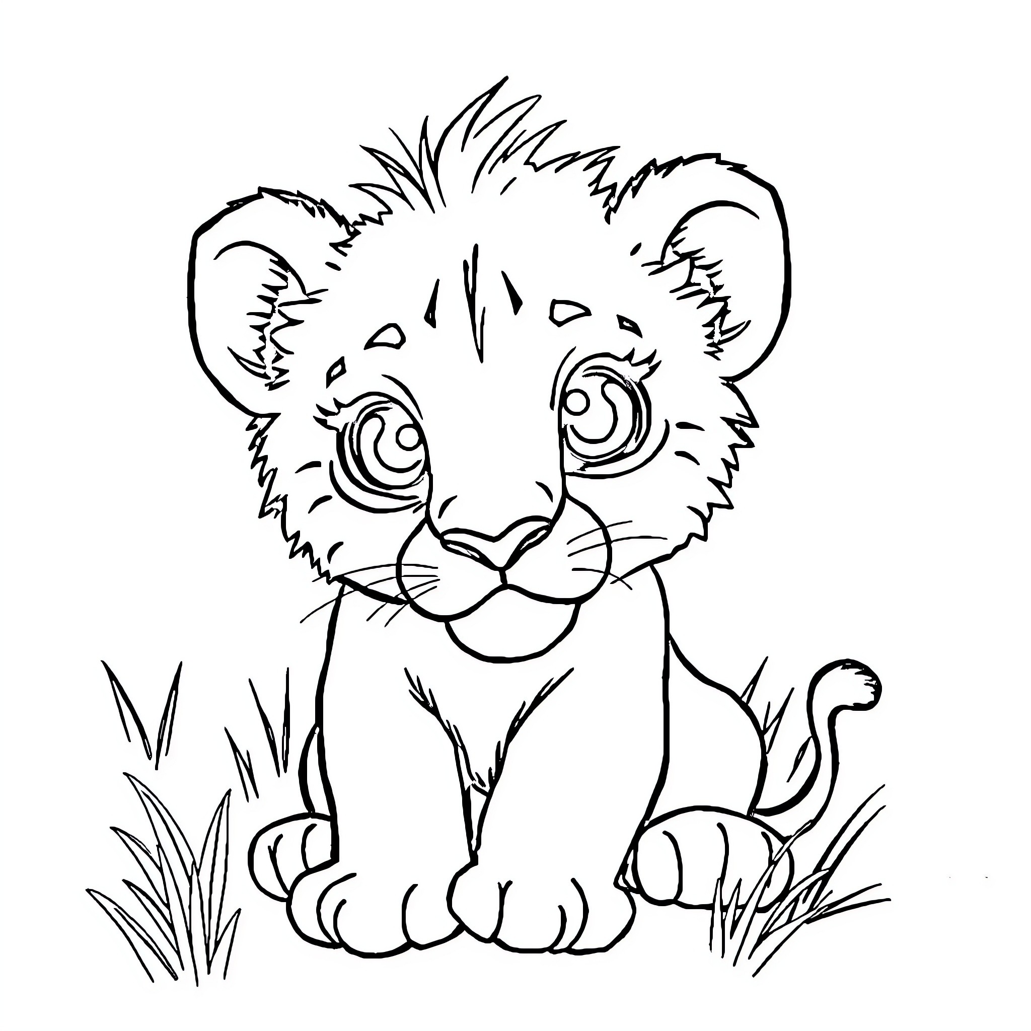 Lion cub playing in the grass Coloring Page (free black-and-white line drawing printable PDF for all, from beginners to advanced learners, including children, teens, adults, and seniors)