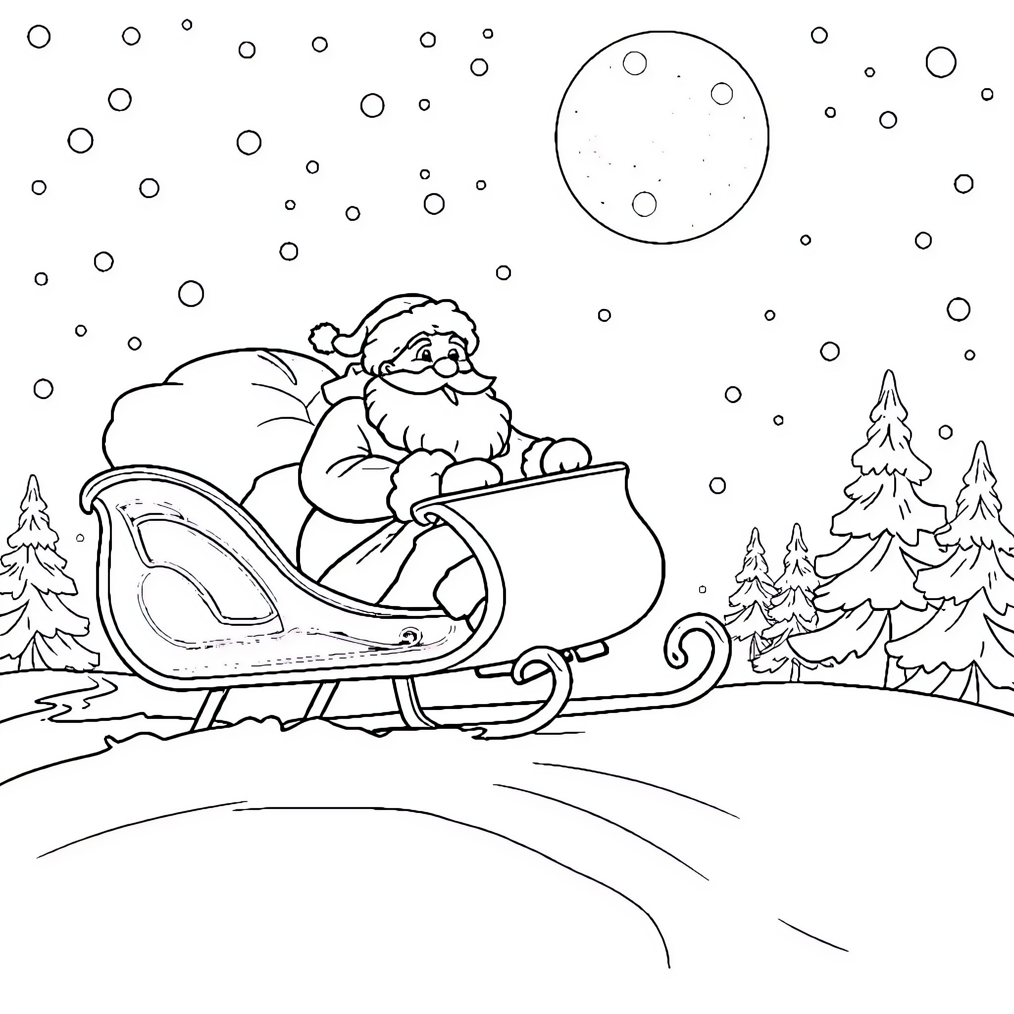 Santa on a Sleigh in the Winter Wonderland Coloring Page (free black-and-white line drawing printable PDF for all, from beginners to advanced learners, including children, teens, adults, and seniors)