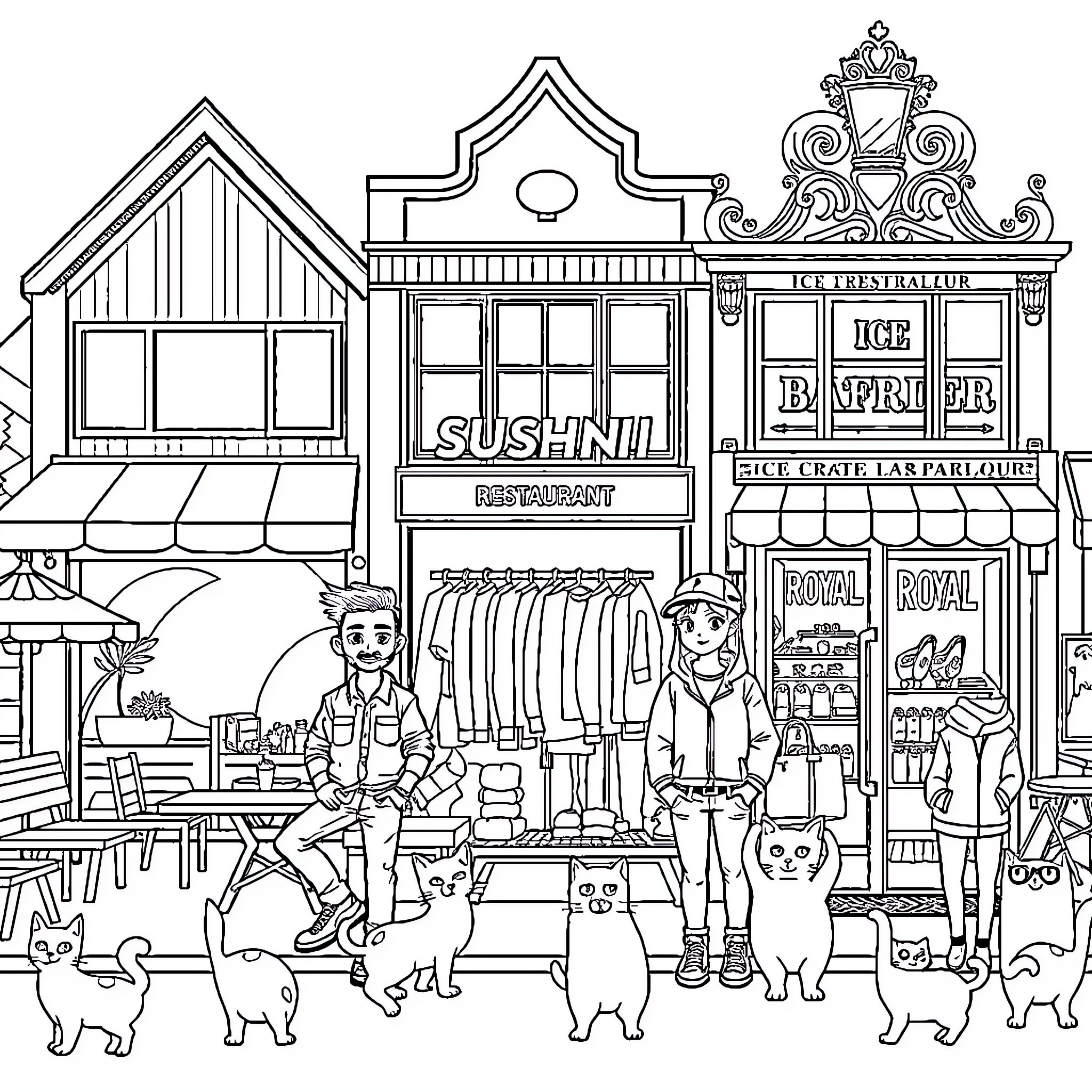 Building with Bustling Sushi Restaurant and Ice Creamery Coloring Page (free black-and-white line drawing printable PDF for all, from beginners to advanced learners, including children, teens, adults, and seniors)