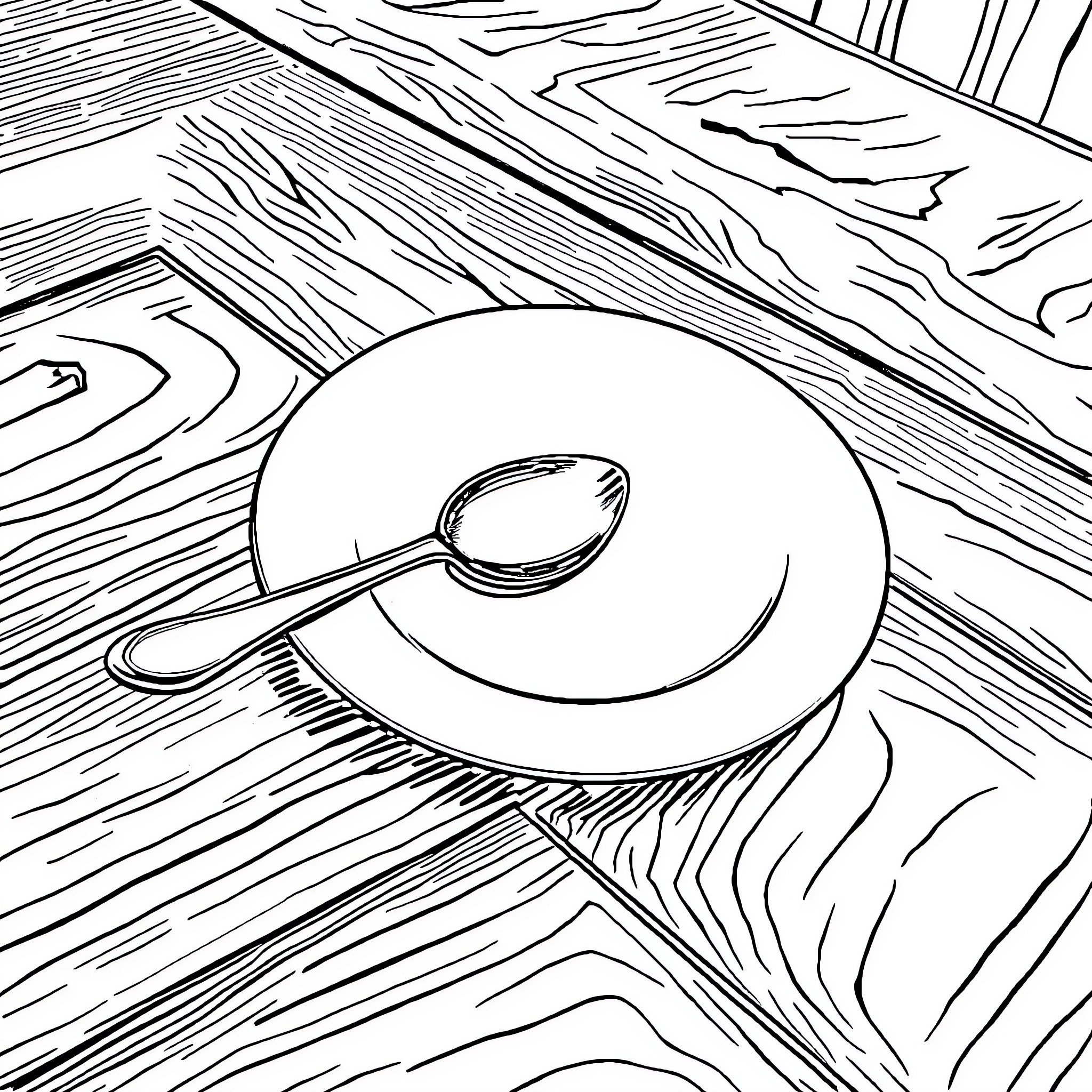 Tableware with utensils on wooden surface Coloring Page (free black-and-white line drawing printable PDF for all, from beginners to advanced learners, including children, teens, adults, and seniors)