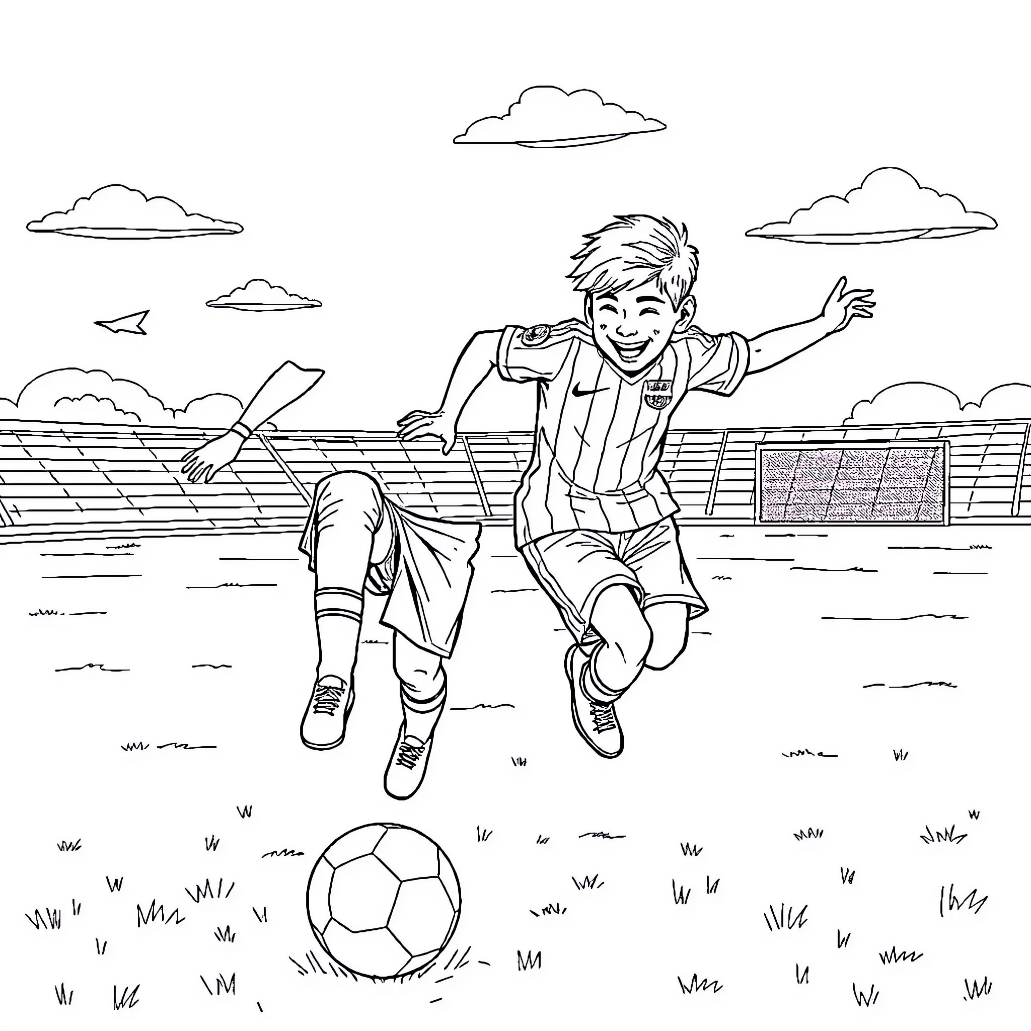 Boy joyfully playing soccer on the field Coloring Page (free black-and-white line drawing printable PDF for all, from beginners to advanced learners, including children, teens, adults, and seniors)