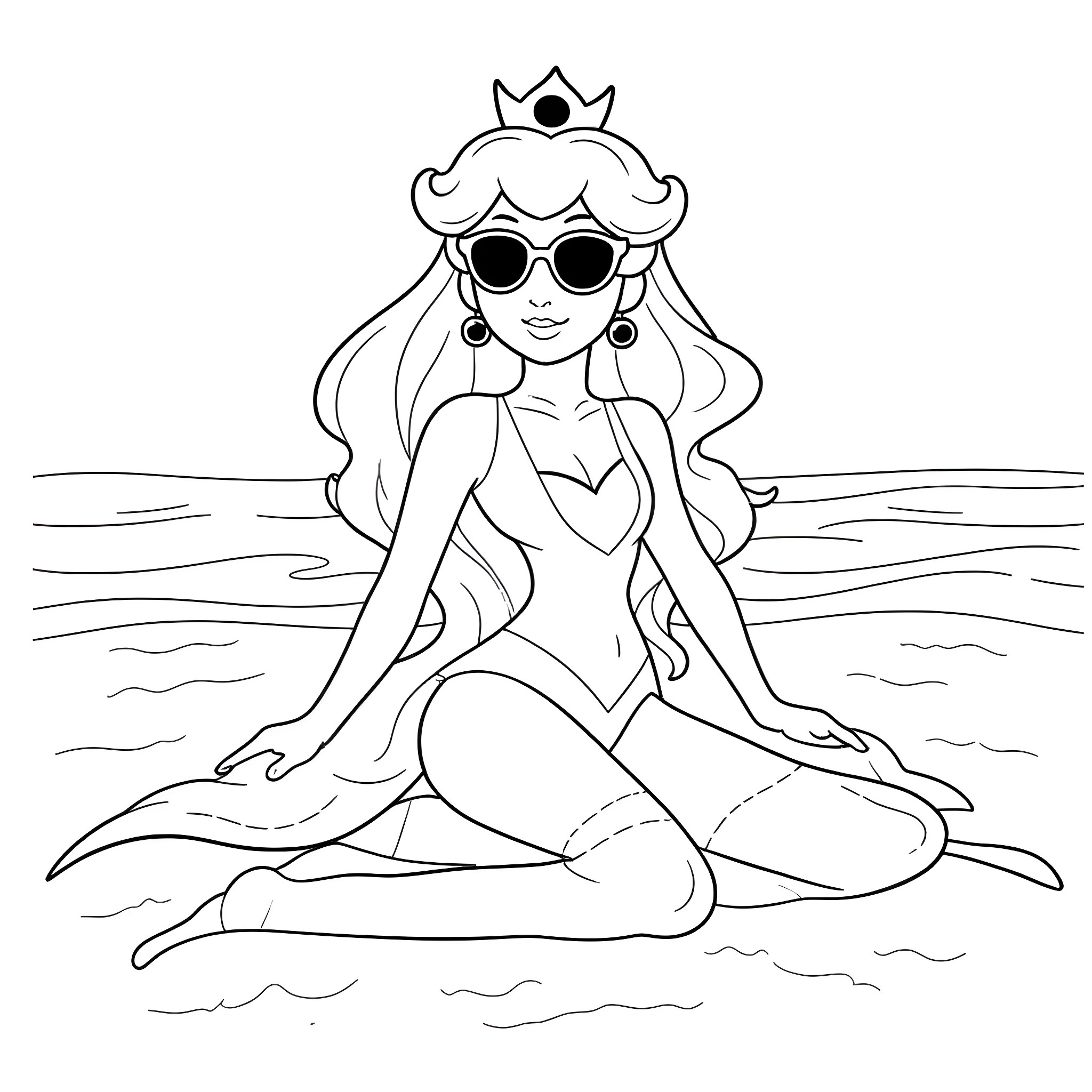 Princess Relaxing on the Beach Coloring Page (free black-and-white line drawing printable PDF for all, from beginners to advanced learners, including children, teens, adults, and seniors)