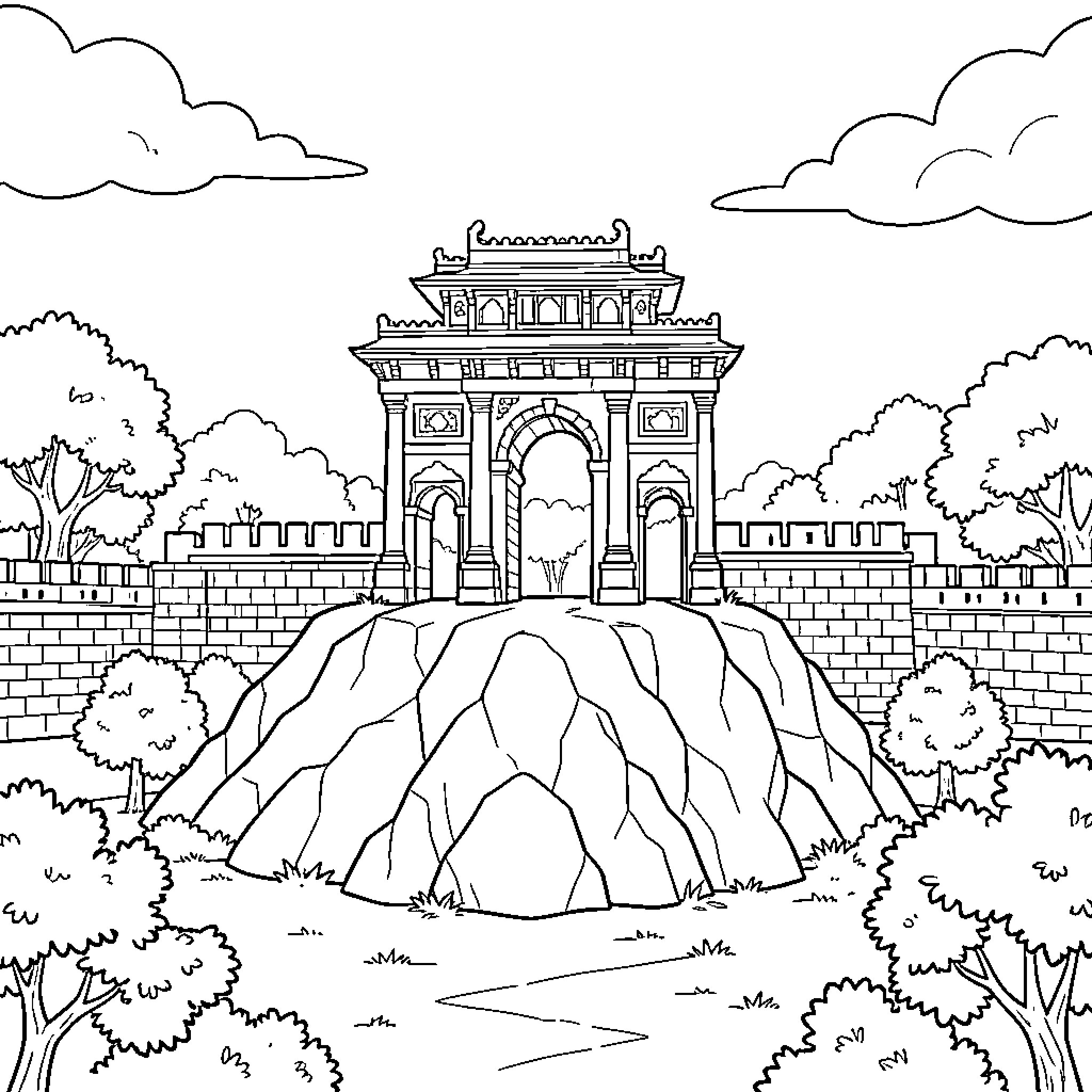 Fort with ornate architecture and scenic surroundings Coloring Page (free black-and-white line drawing printable PDF for all, from beginners to advanced learners, including children, teens, adults, and seniors)