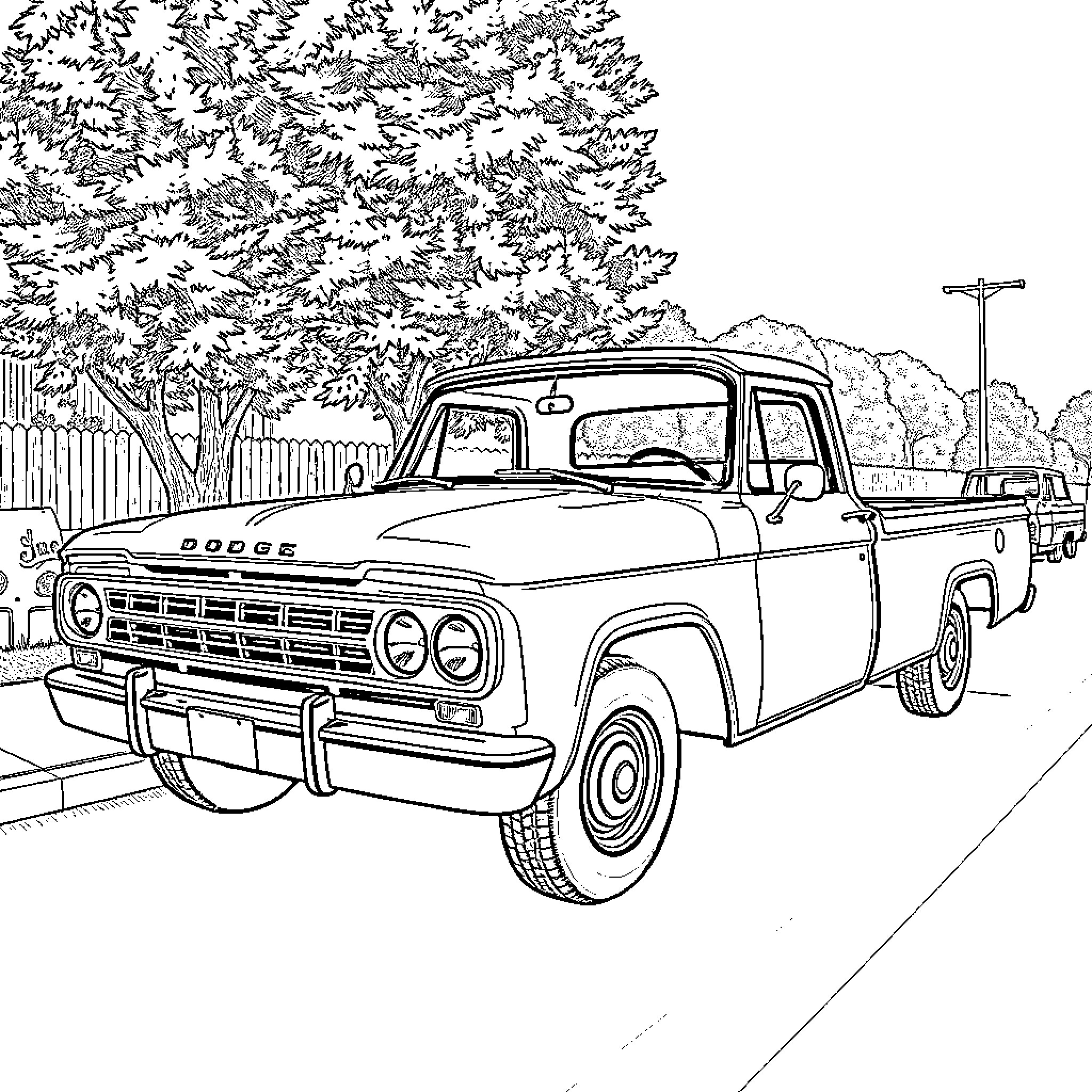 Dodge Pickup Truck in Scenic Suburban Neighborhood Coloring Page (free black-and-white line drawing printable PDF for all, from beginners to advanced learners, including children, teens, adults, and seniors)