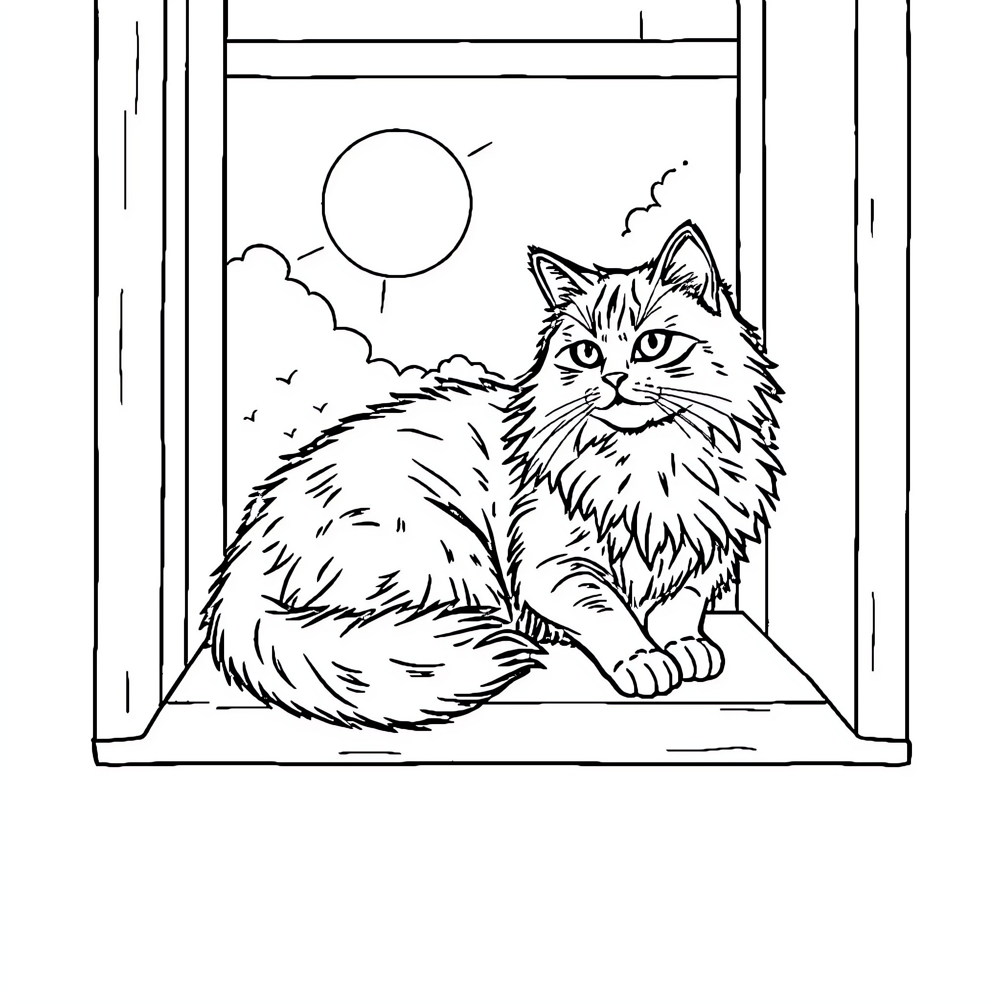 Cat gazing out of window at scenic view Coloring Page (free black-and-white line drawing printable PDF for all, from beginners to advanced learners, including children, teens, adults, and seniors)