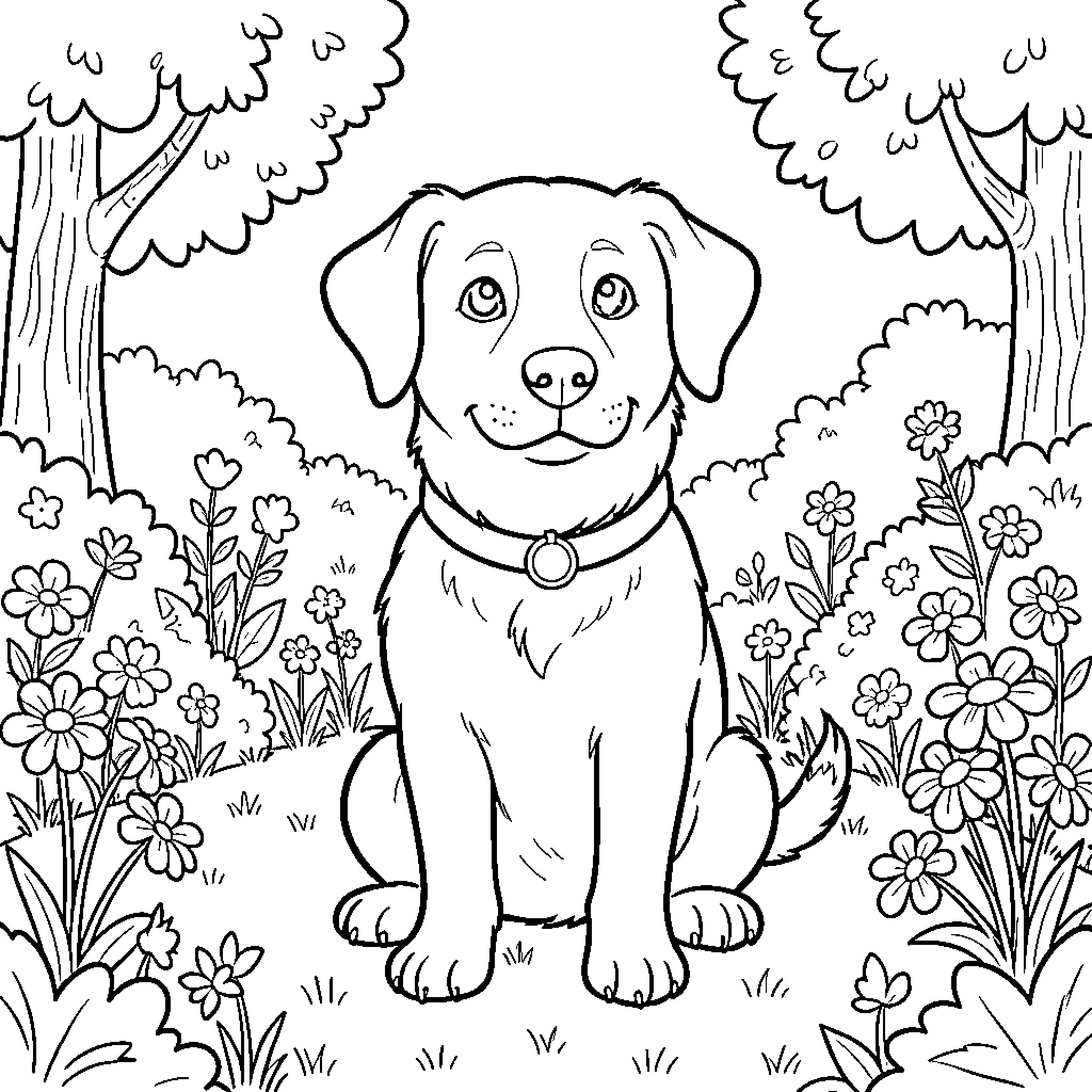 Staffie sitting peacefully amidst a field of flowers Coloring Page (free black-and-white line drawing printable PDF for all, from beginners to advanced learners, including children, teens, adults, and seniors)