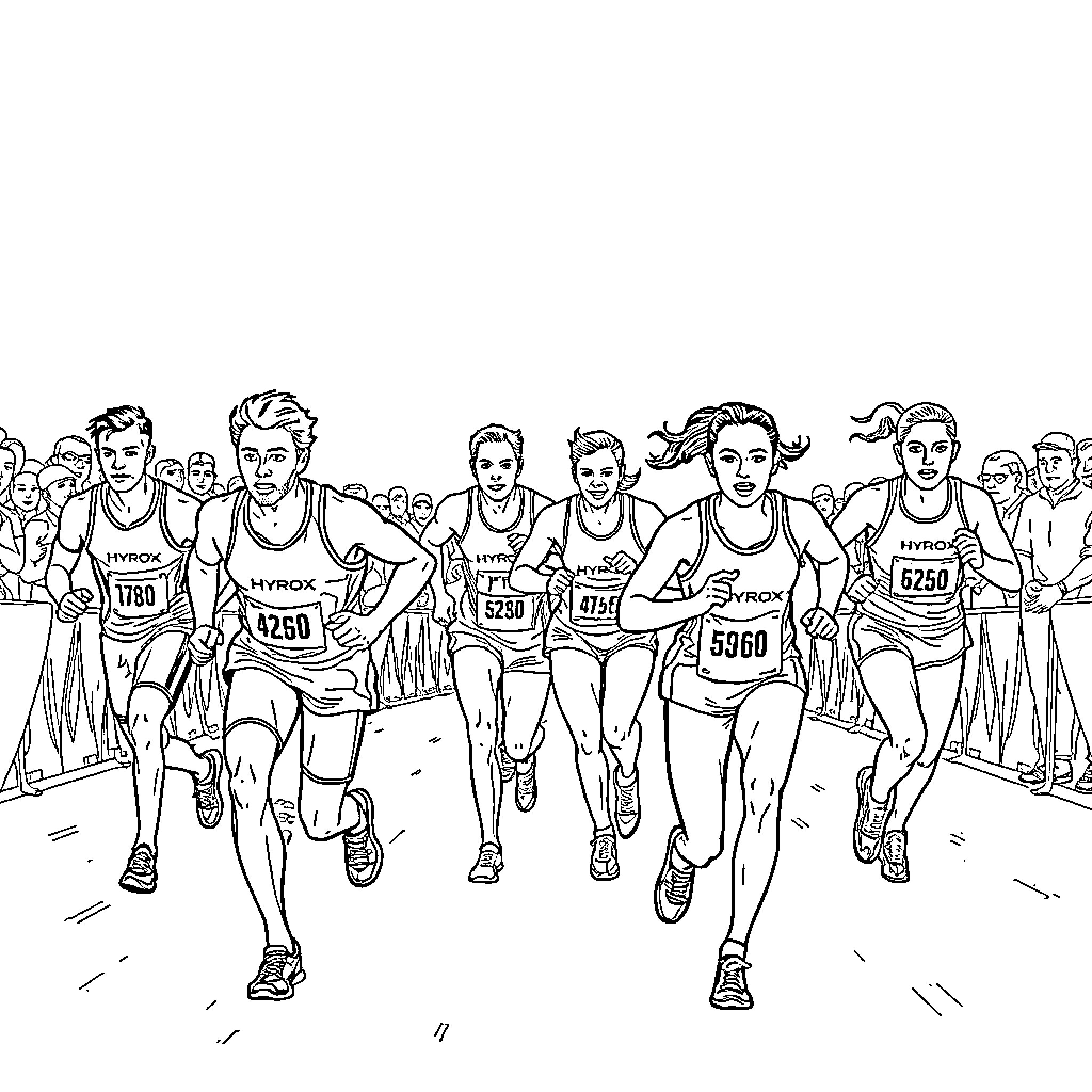 Hyrox endurance race with athletes competing Coloring Page (free black-and-white line drawing printable PDF for all, from beginners to advanced learners, including children, teens, adults, and seniors)