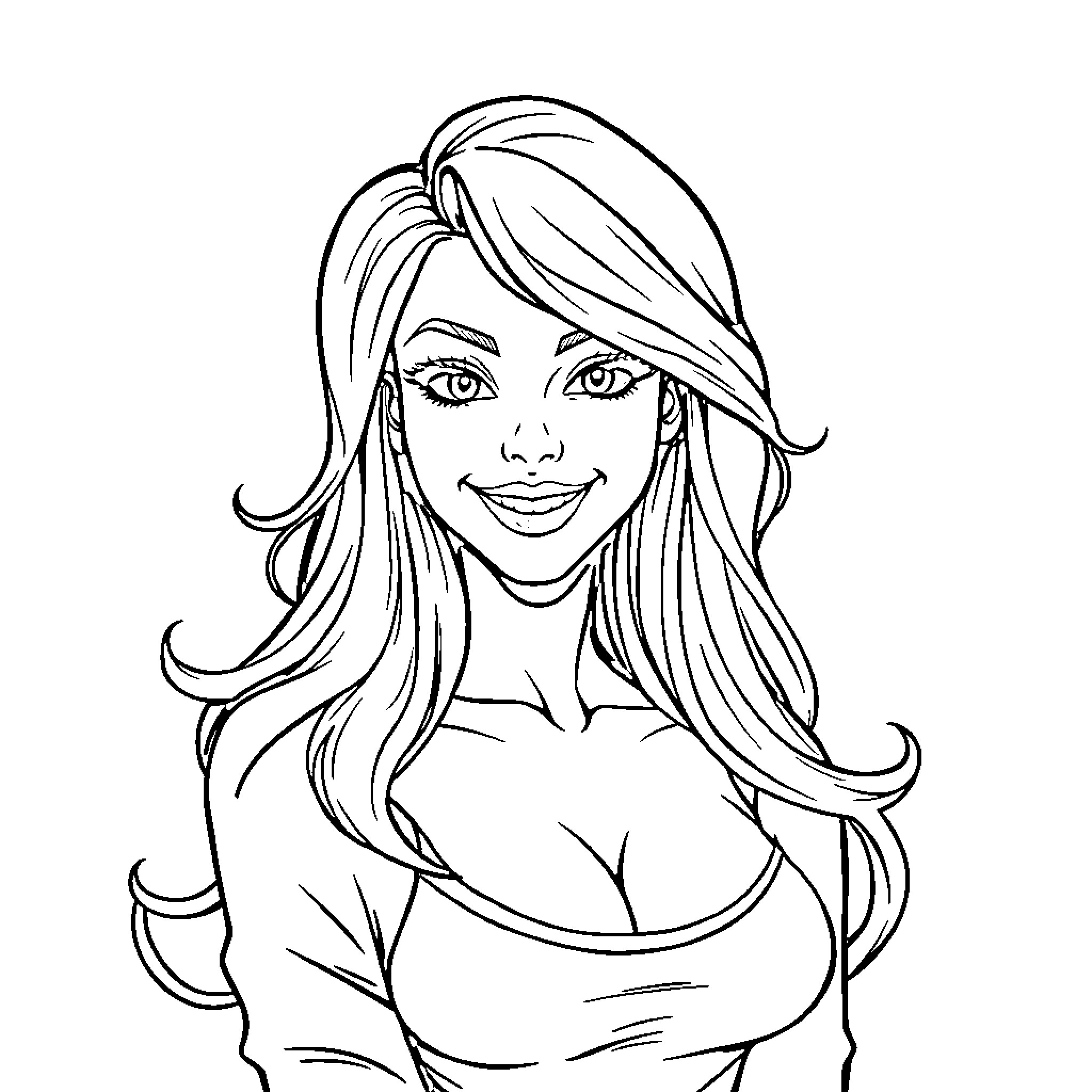 Redhead woman with flowing hair and friendly expression Coloring Page (free black-and-white line drawing printable PDF for all, from beginners to advanced learners, including children, teens, adults, and seniors)