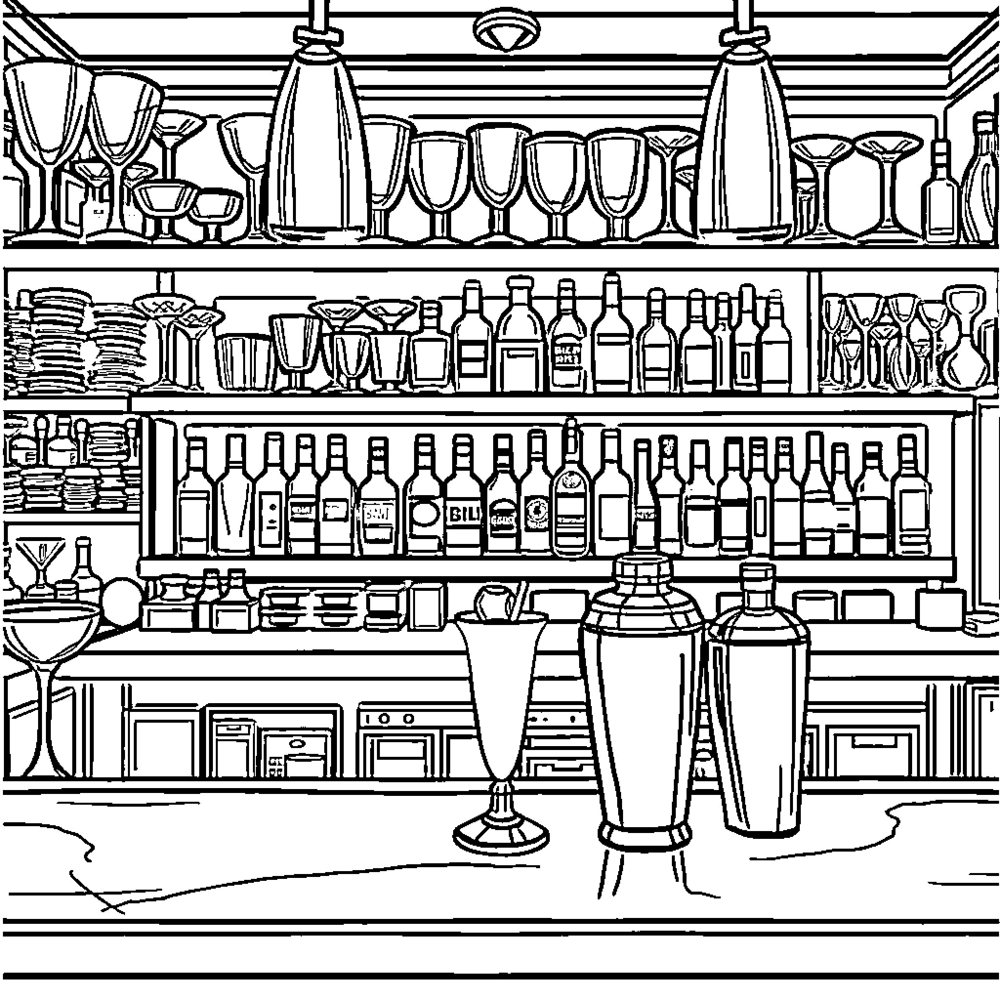 Bar with Various Glassware and Liquor Bottles Coloring Page (free black-and-white line drawing printable PDF for all, from beginners to advanced learners, including children, teens, adults, and seniors)