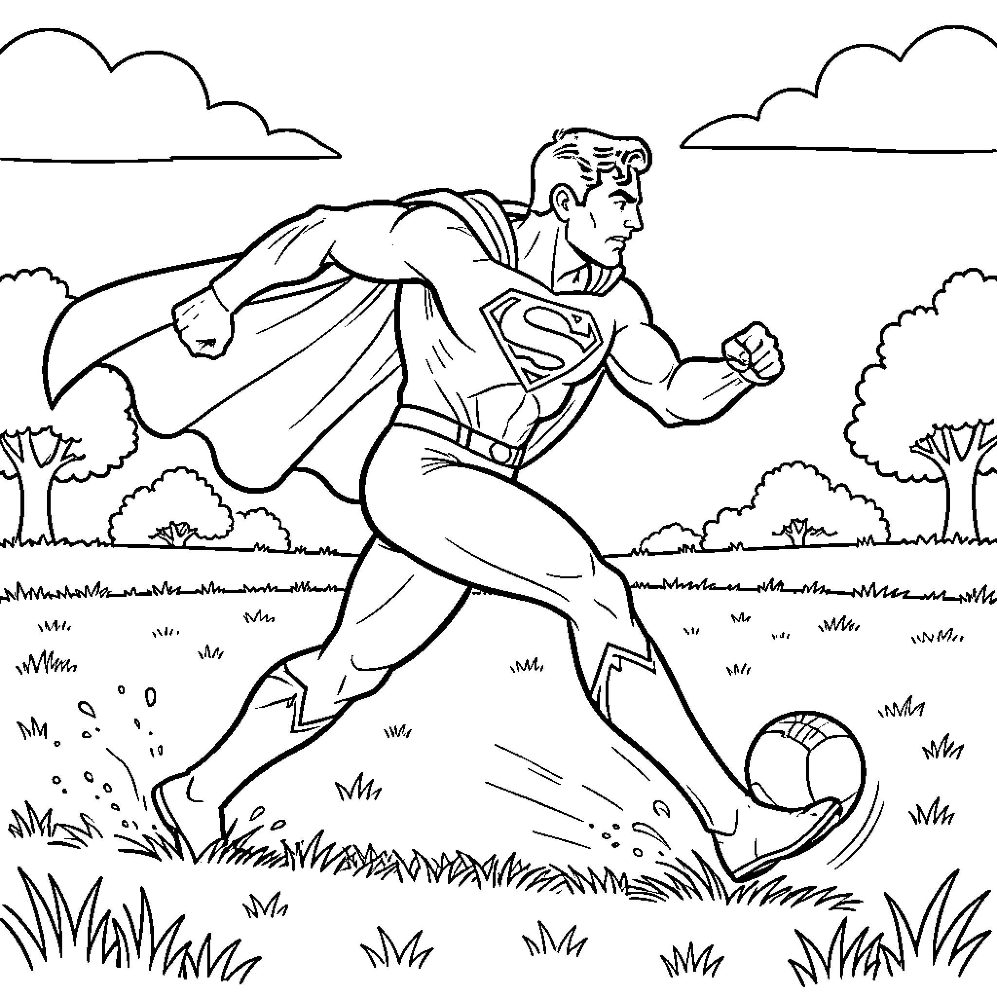 Superman playing soccer in a grassy field Coloring Page (free black-and-white line drawing printable PDF for all, from beginners to advanced learners, including children, teens, adults, and seniors)