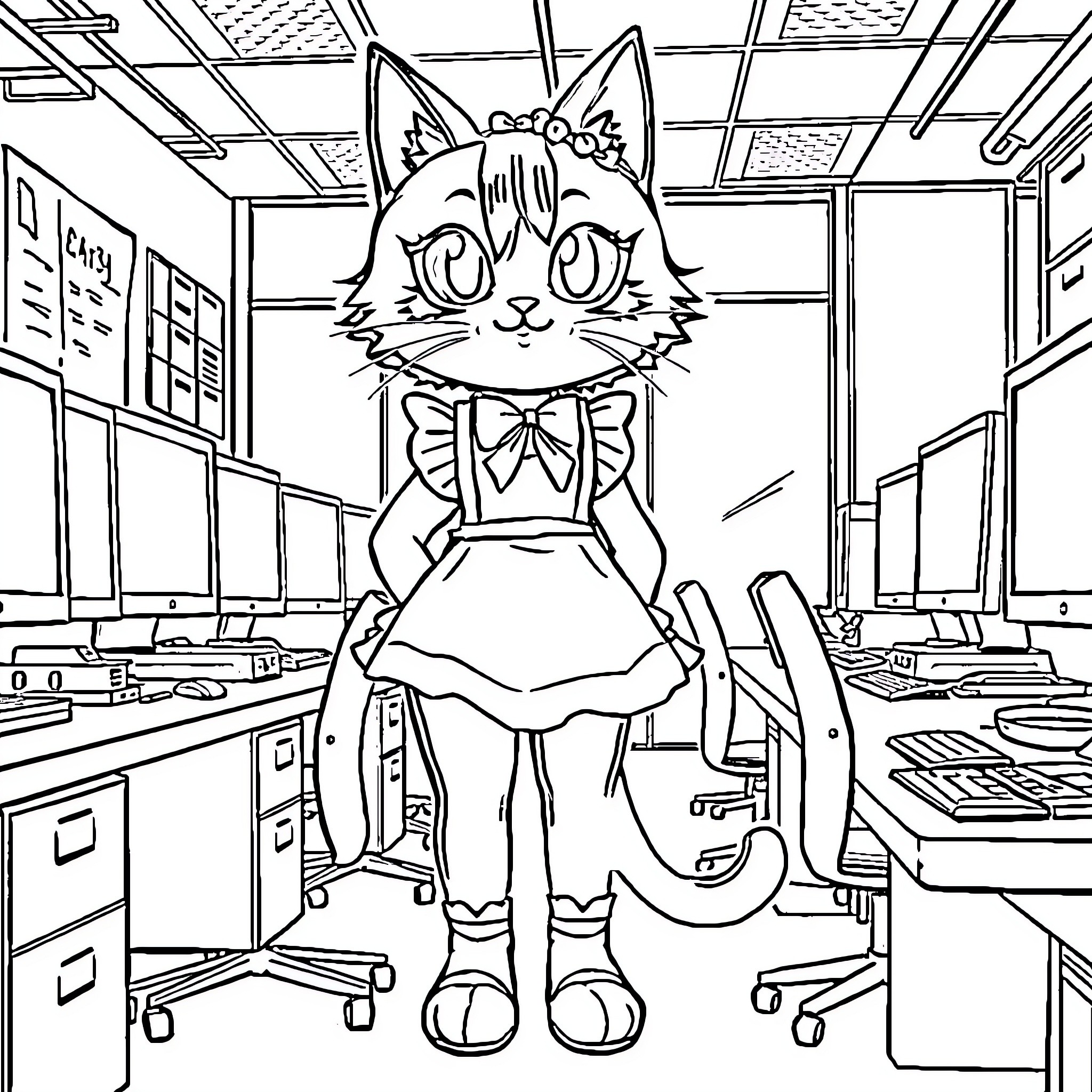 Cat in Maid Outfit in Office Setting Coloring Page (free black-and-white line drawing printable PDF for all, from beginners to advanced learners, including children, teens, adults, and seniors)