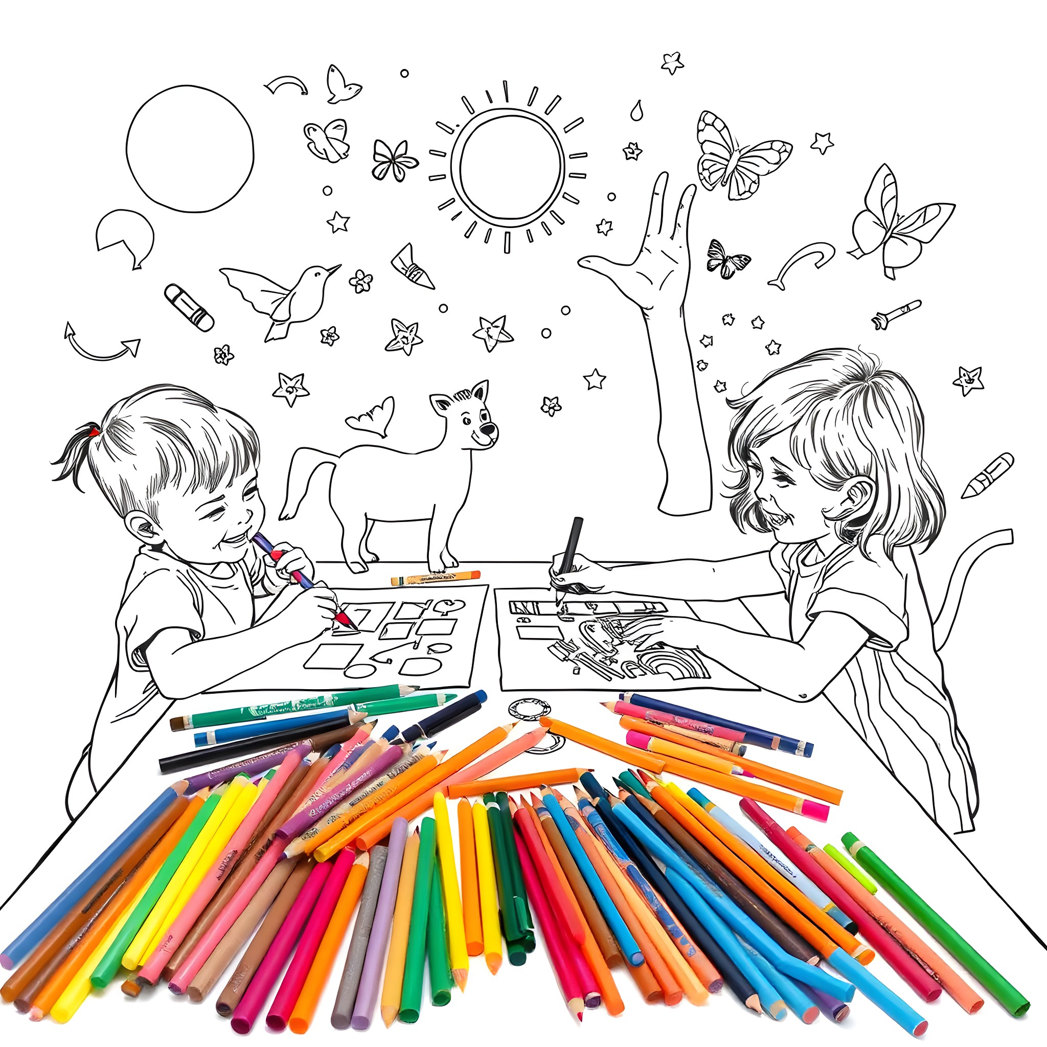 Drawing Tools: Children Engaged in Artistic Expression Coloring Page (free black-and-white line drawing printable PDF for all, from beginners to advanced learners, including children, teens, adults, and seniors)