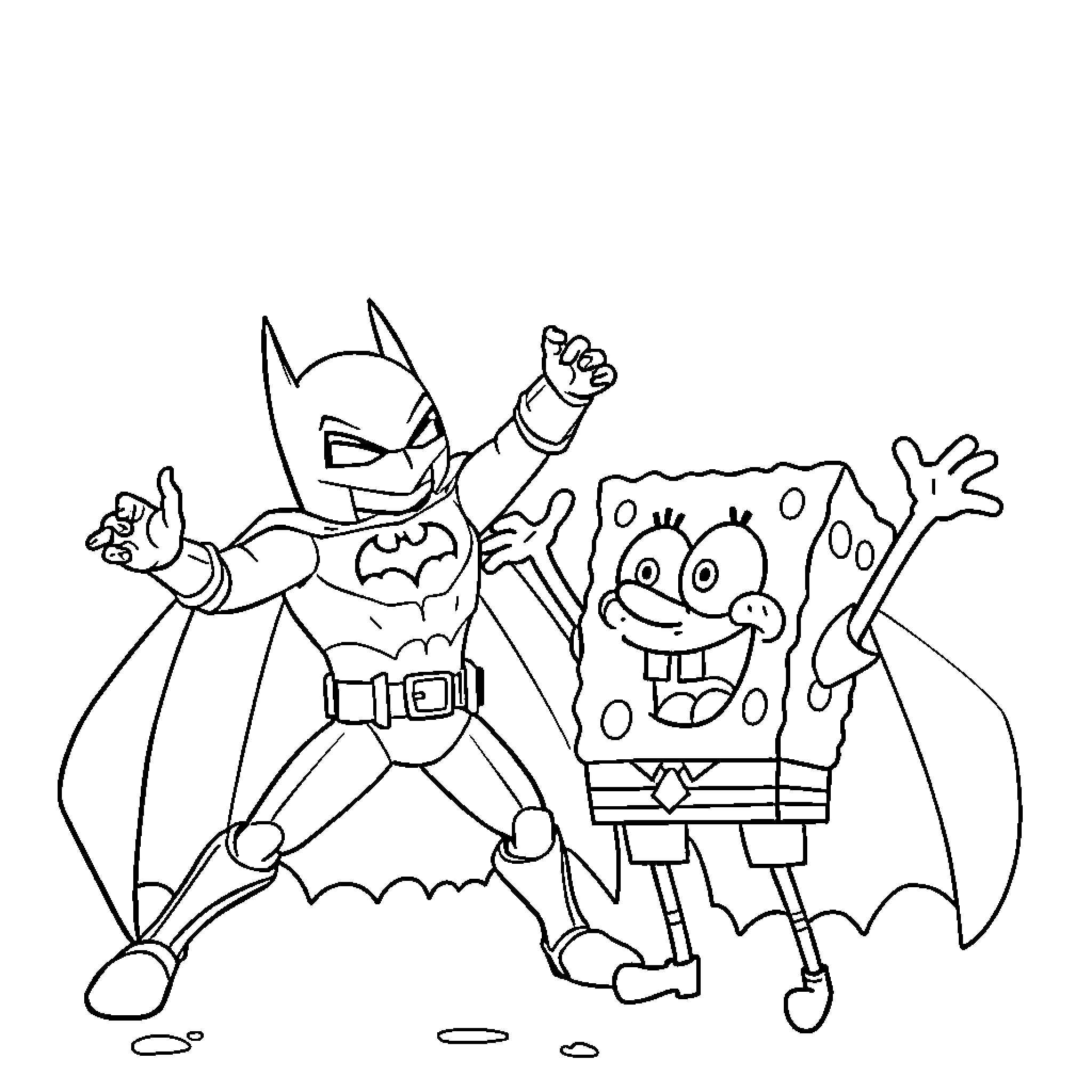 Batman and SpongeBob in an animated adventure Coloring Page (free black-and-white line drawing printable PDF for all, from beginners to advanced learners, including children, teens, adults, and seniors)