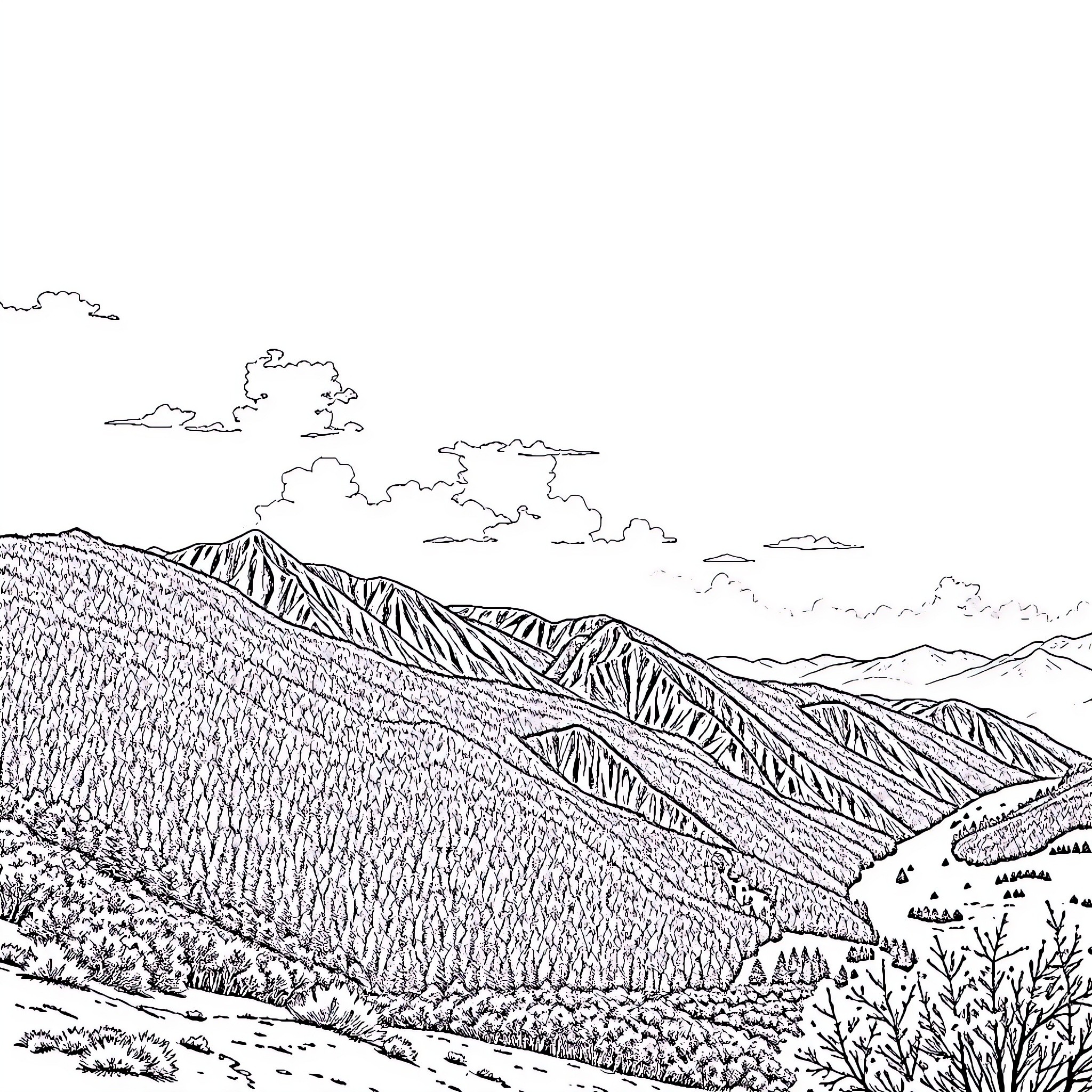 Landscape of rolling hills and mountains Coloring Page (free black-and-white line drawing printable PDF for all, from beginners to advanced learners, including children, teens, adults, and seniors)