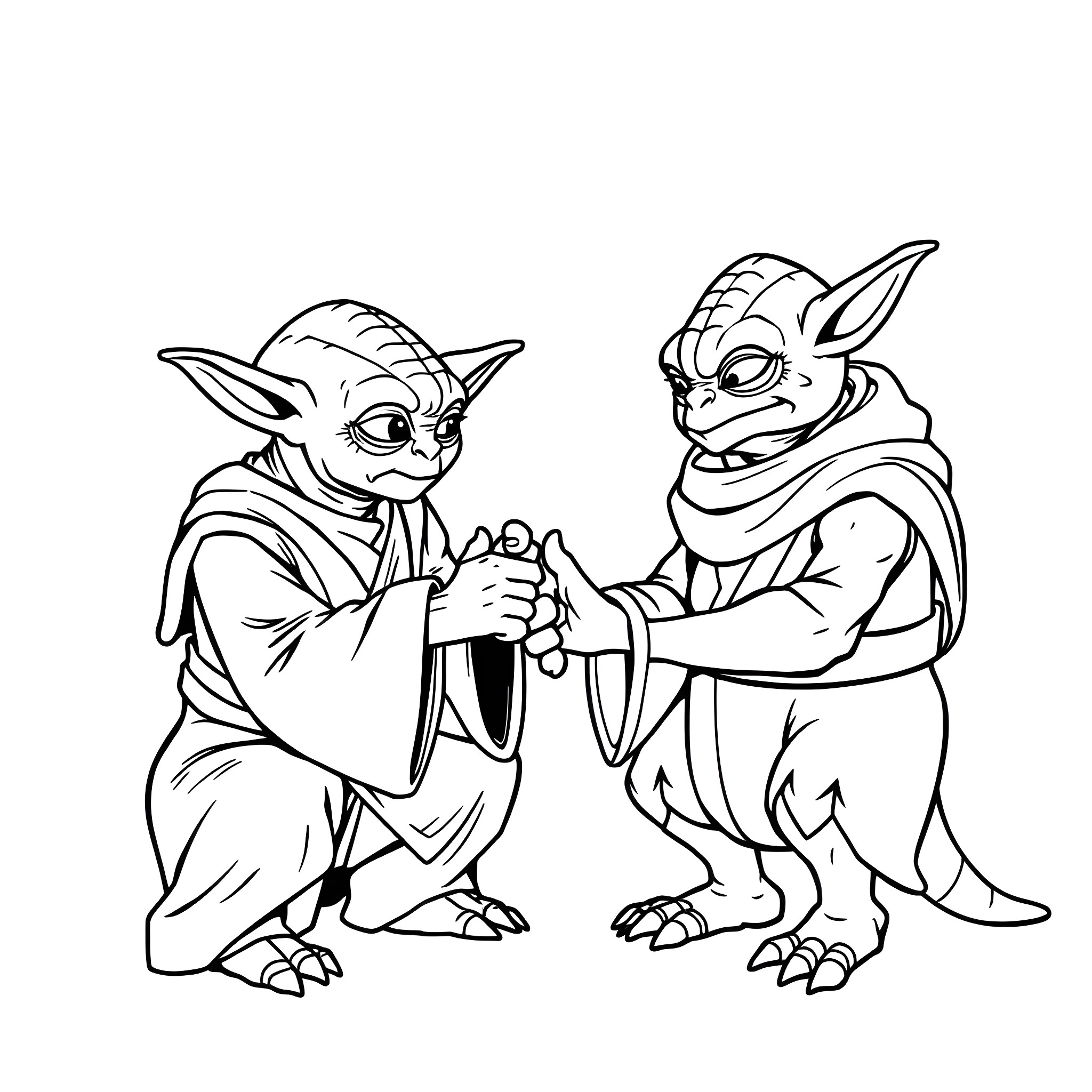 Yoda and Jokk engage in a handshake Coloring Page (free black-and-white line drawing printable PDF for all, from beginners to advanced learners, including children, teens, adults, and seniors)