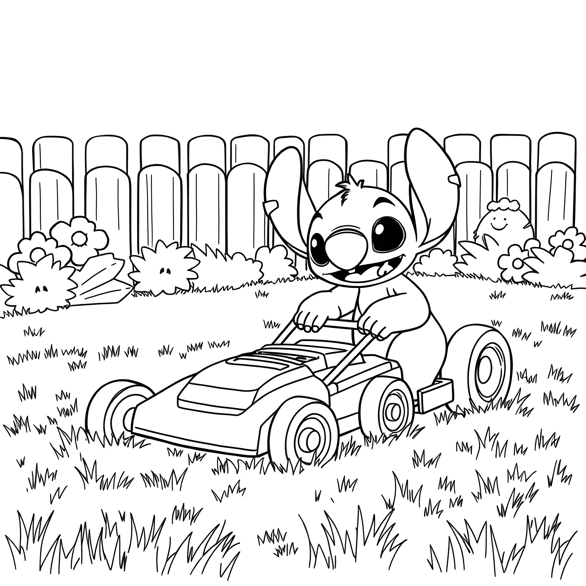 Lightning McQueen as Stitch driving a car in a forest Coloring Page (free black-and-white line drawing printable PDF for all, from beginners to advanced learners, including children, teens, adults, and seniors)