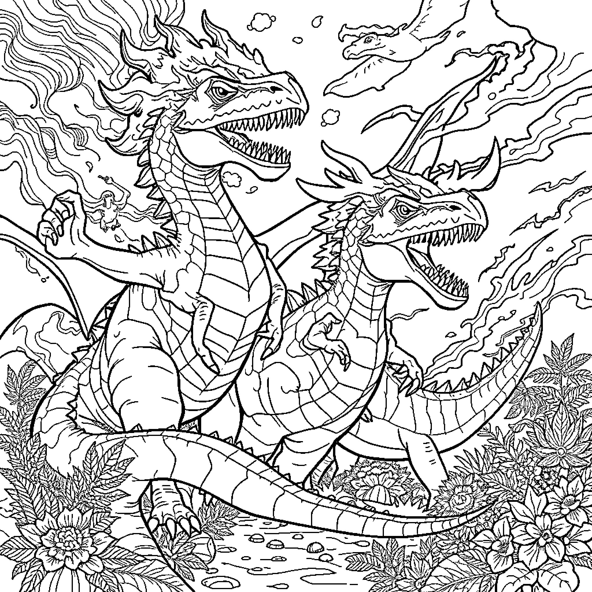 Dinosaur and Dragon in Epic Battle Coloring Page (free black-and-white line drawing printable PDF for all, from beginners to advanced learners, including children, teens, adults, and seniors)